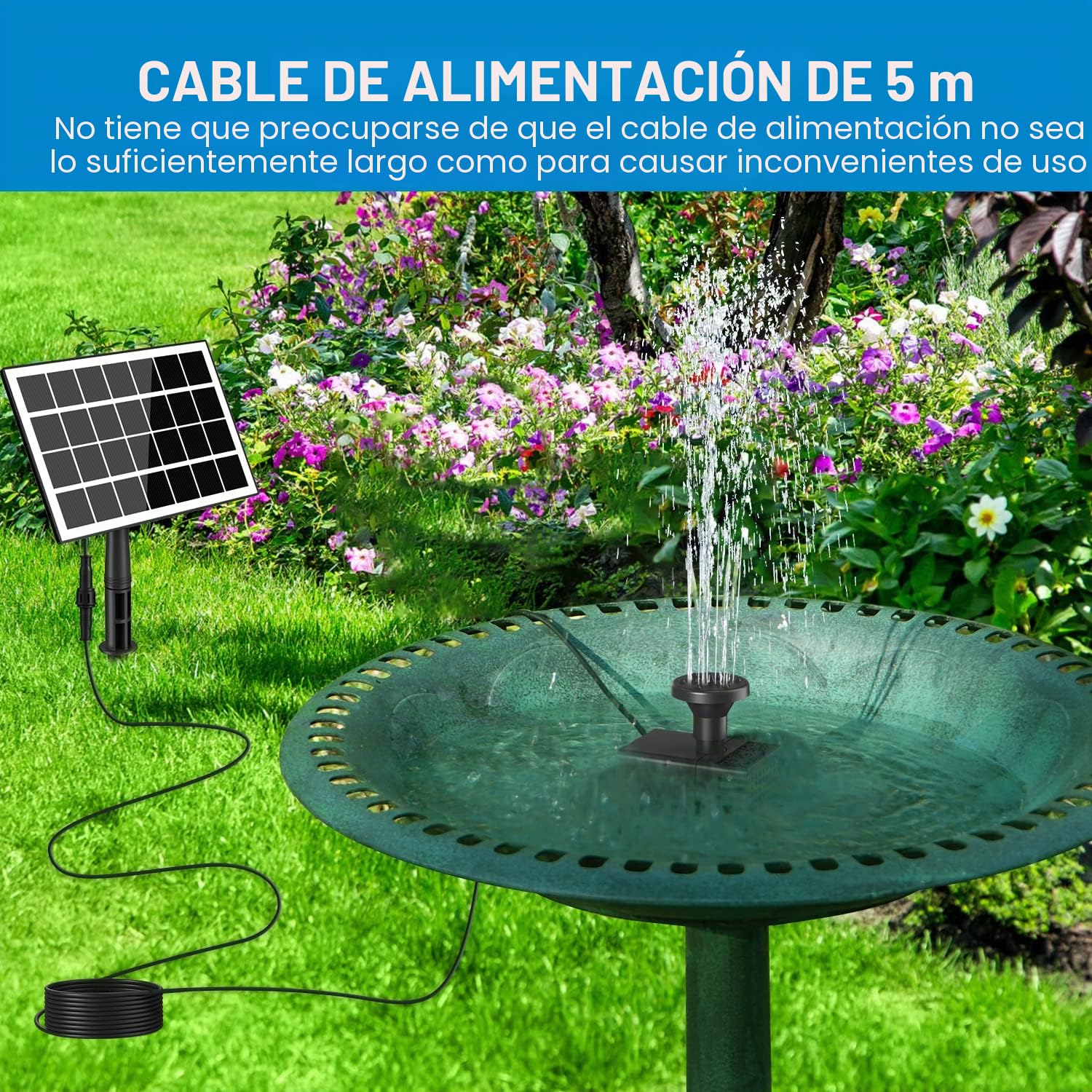 SZMP Fuente Solar Jardin Exterior 3.5W con Baterías 2000mAh,2025 Nuevo 16.4ft Cable Bomba de Agua Solar,Solar Fuente con 8 boquillas para Estanque de Jardín Fuente,Baño para Pájaros,Decorativas