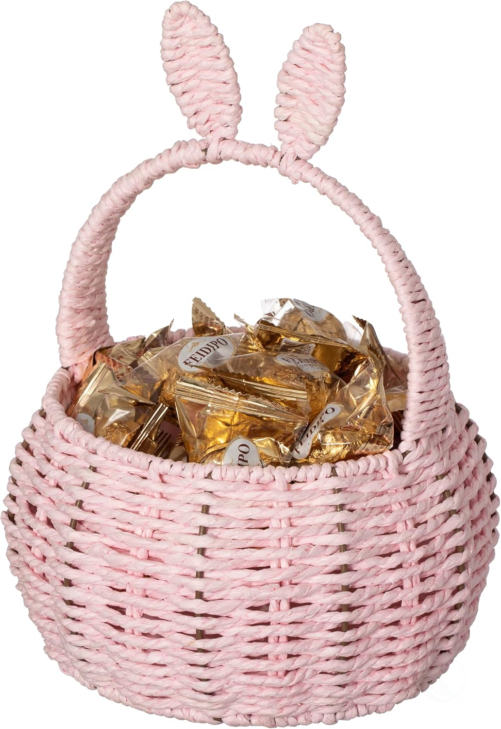 Wickerwise Hand-Woven Easter Bunny Ear Basket with Handle – Multi-Purpose Paper Rope Wicker Basket for Easter Egg Hunts, Picnics, Flower Arrangements, Food Storage, Party, and Home Decor, Pink