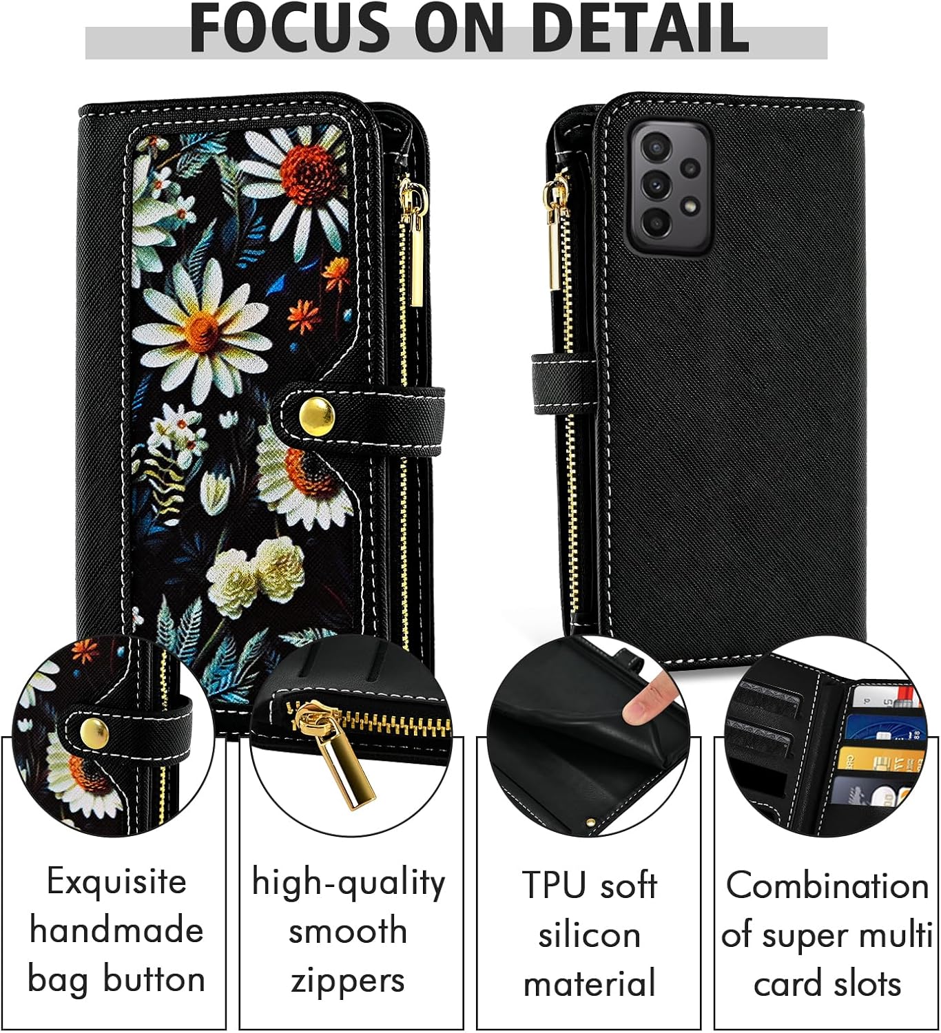 Floral Flip Zipper Wallet Case for Samsung Galaxy A53 5G Women Black image 3