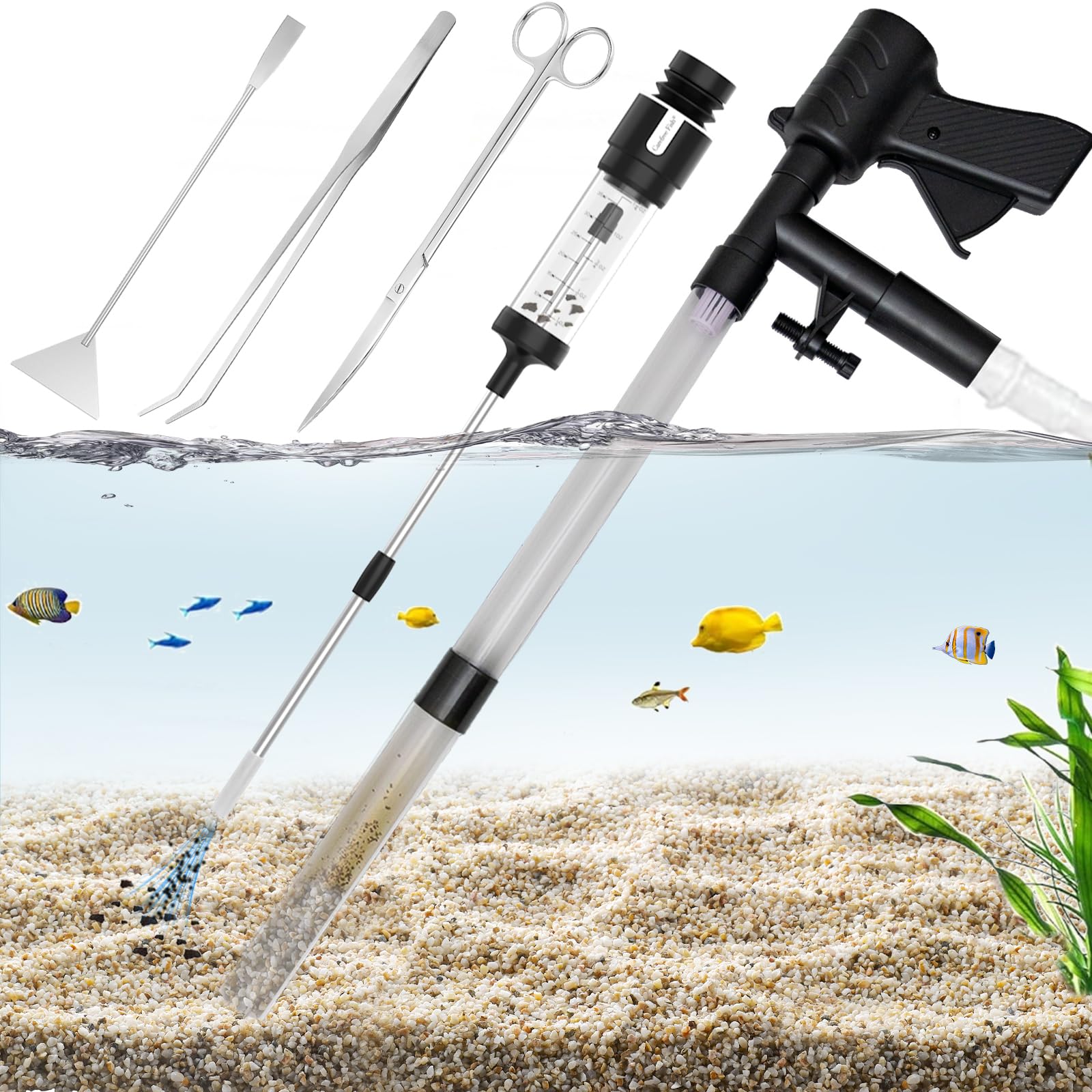 Carefree Fish Aquarium Gravel Cleaner 15~30In Multi-Functional Syphon Feeding Tube Upgraded Turkey Baster Stainless Steel Long Tweezers Long Scissors