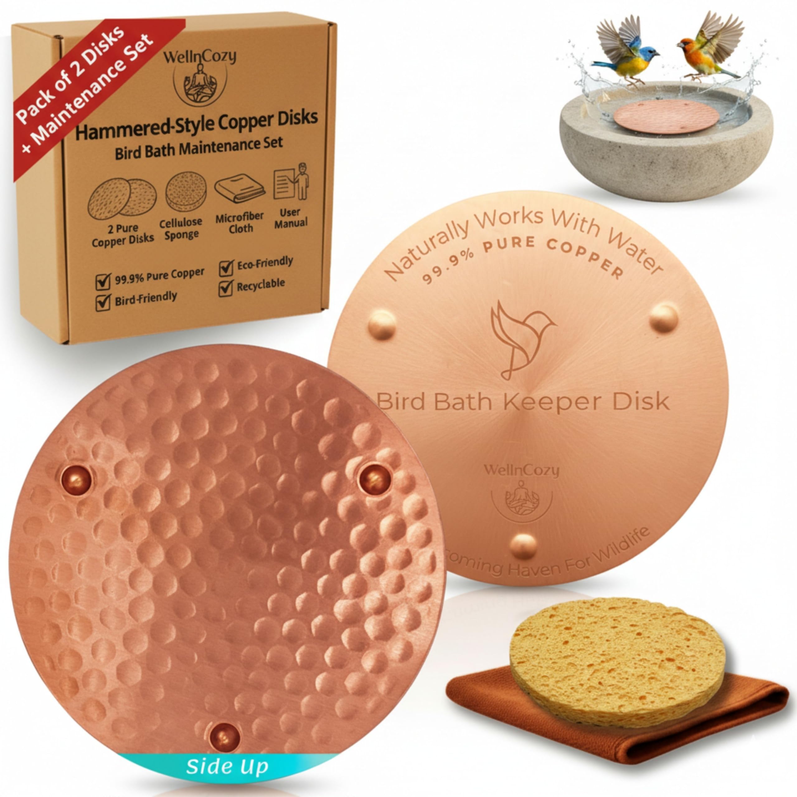 WellnCozy - Bird Bath Copper Disk & Maintenance Set, 2 Hammered Style 0.8mm, 99.9% Pure Copper Plate, Rustic Birdbath Accessories for Bowl and
