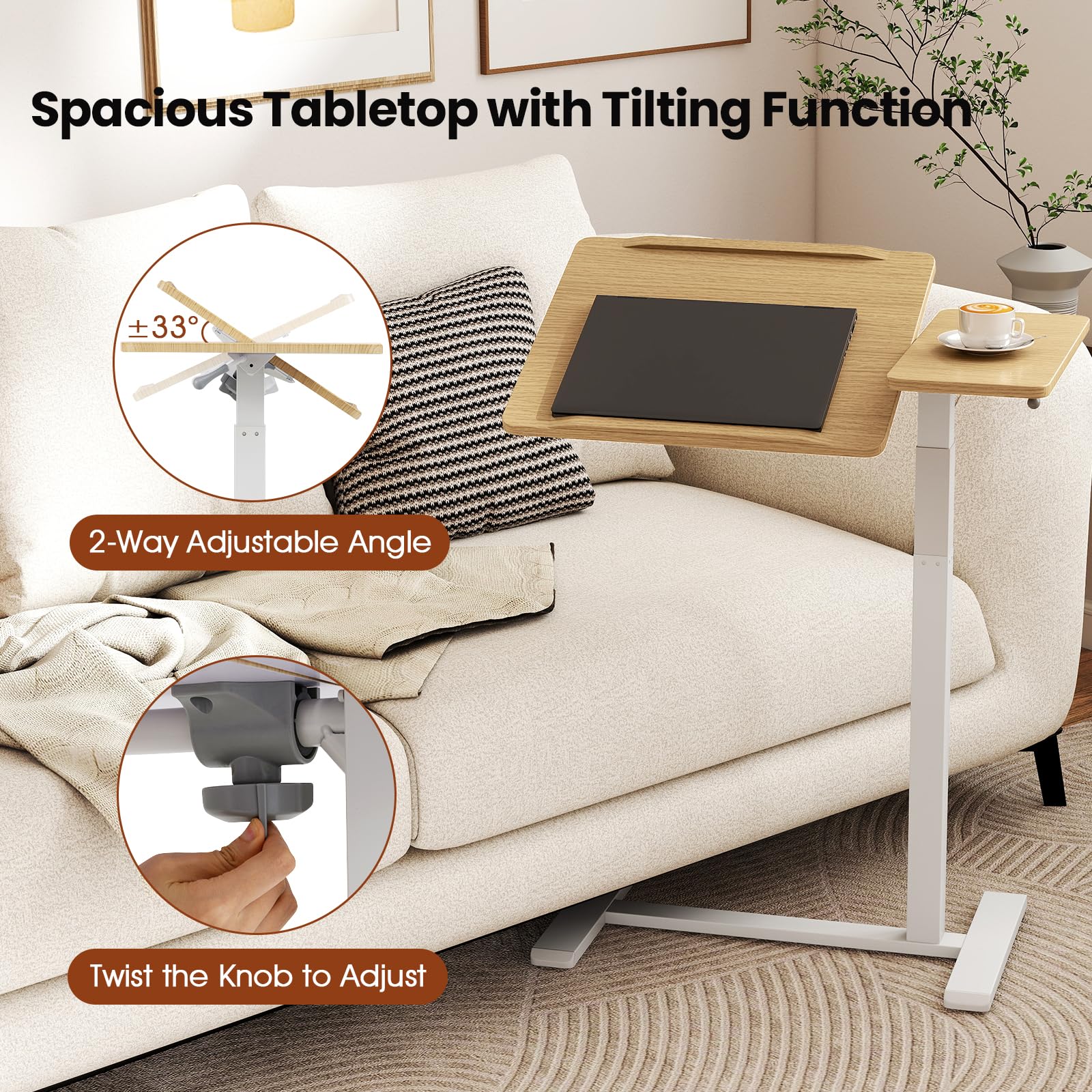 Lifezeal - Mesa de Cama Móvil, Mesa de Cama en Forma de C con Bandeja Reclinable y Topes de Borde para Ordenador, Escritorio Regulable en Altura con Ruedas Giratorias de 360° para Dormitorio Salón