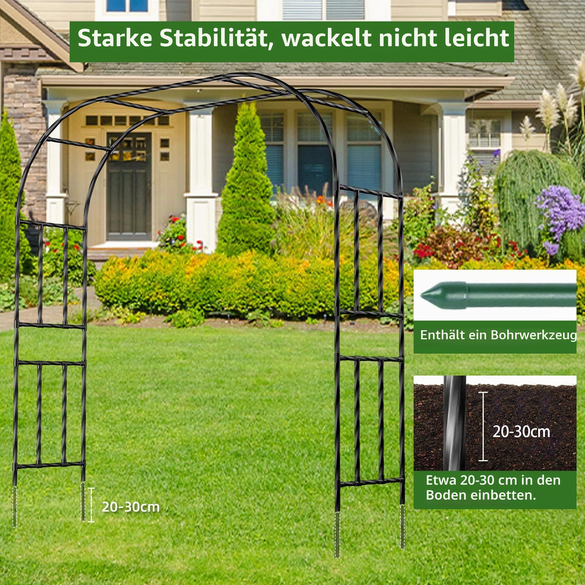 Caroeas Rosenbogen aus Metall, Stabiler Gartenbogen mit 20 mm verstärkten verzinkten Stahlrohren, rostfrei – 180x240x40 cm – Ideal als Rankhilfe für Kletterpflanzen