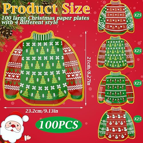 Miniatura 2 de Yaomiao 100 platos de papel para suéter feo de Navidad, platos desechables de Navidad a granel con árbol, pan de jengibre, muñeco de nieve, reno,