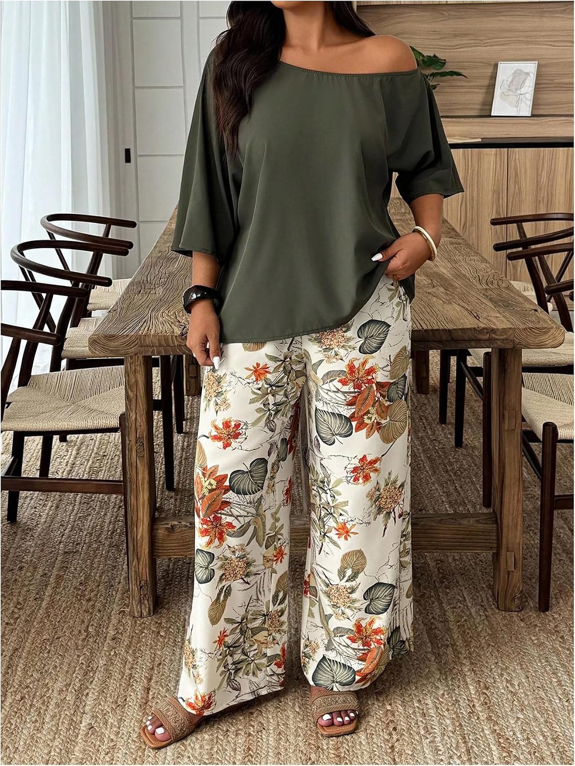 SOLY HUX Women's Plus Size Summer Vacation Outfits 2 Piece Off the Shoulder 3/4 Sleeve Blouse and Floral Pants Set