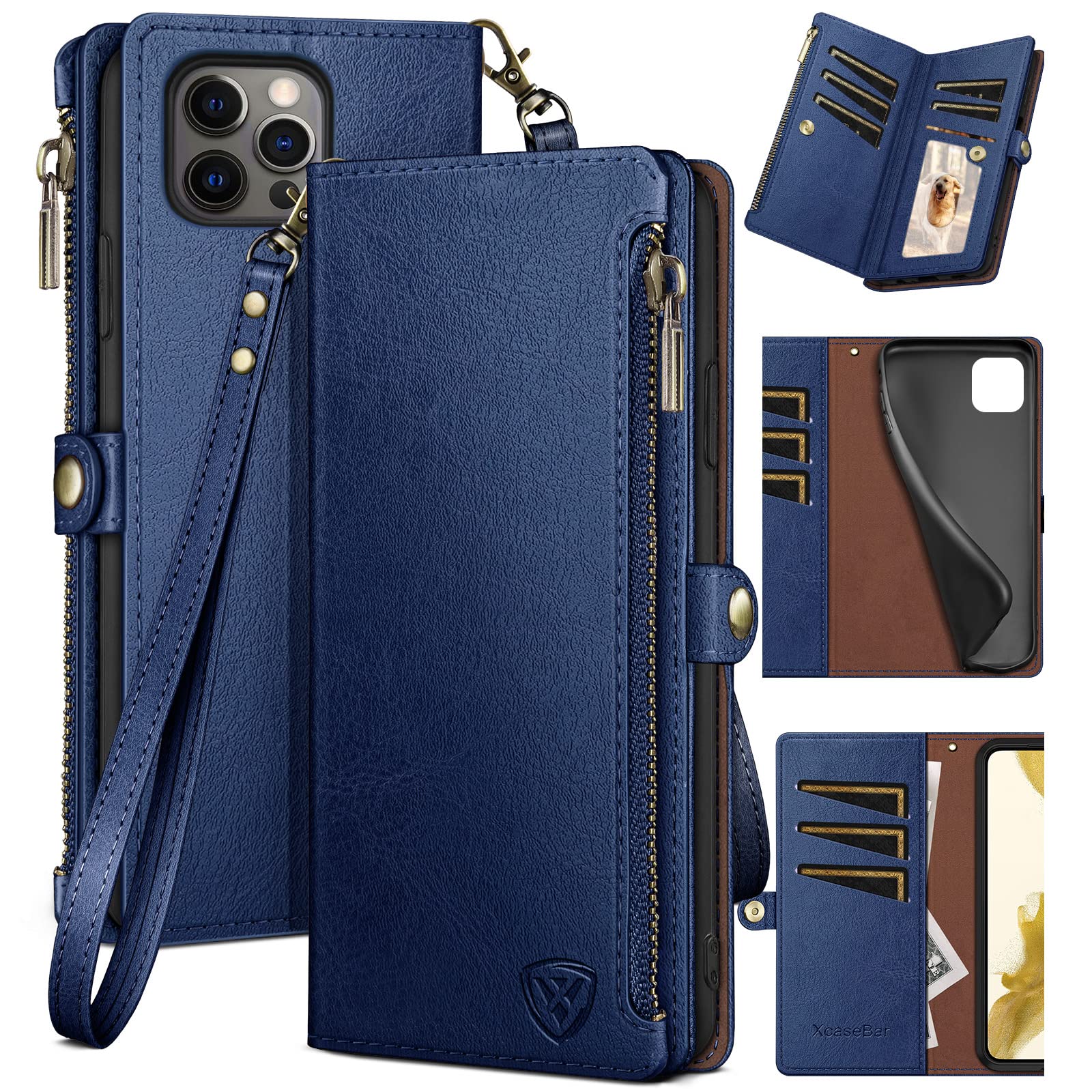 XcaseBar for iPhone 15 Pro 6.1" Wallet case with Zipper Credit Card Holder RFID Blocking,Flip Folio Book PU Leather Shockproof Strap Protective Cover Women Men Apple 15Pro Phone case Blue