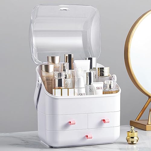 Miniatura 4 de BRUUN - Contenedor de almacenamiento para cosméticos para el cuidado de la piel una caja de maquillaje grande de color blanco a prueba de polvo y