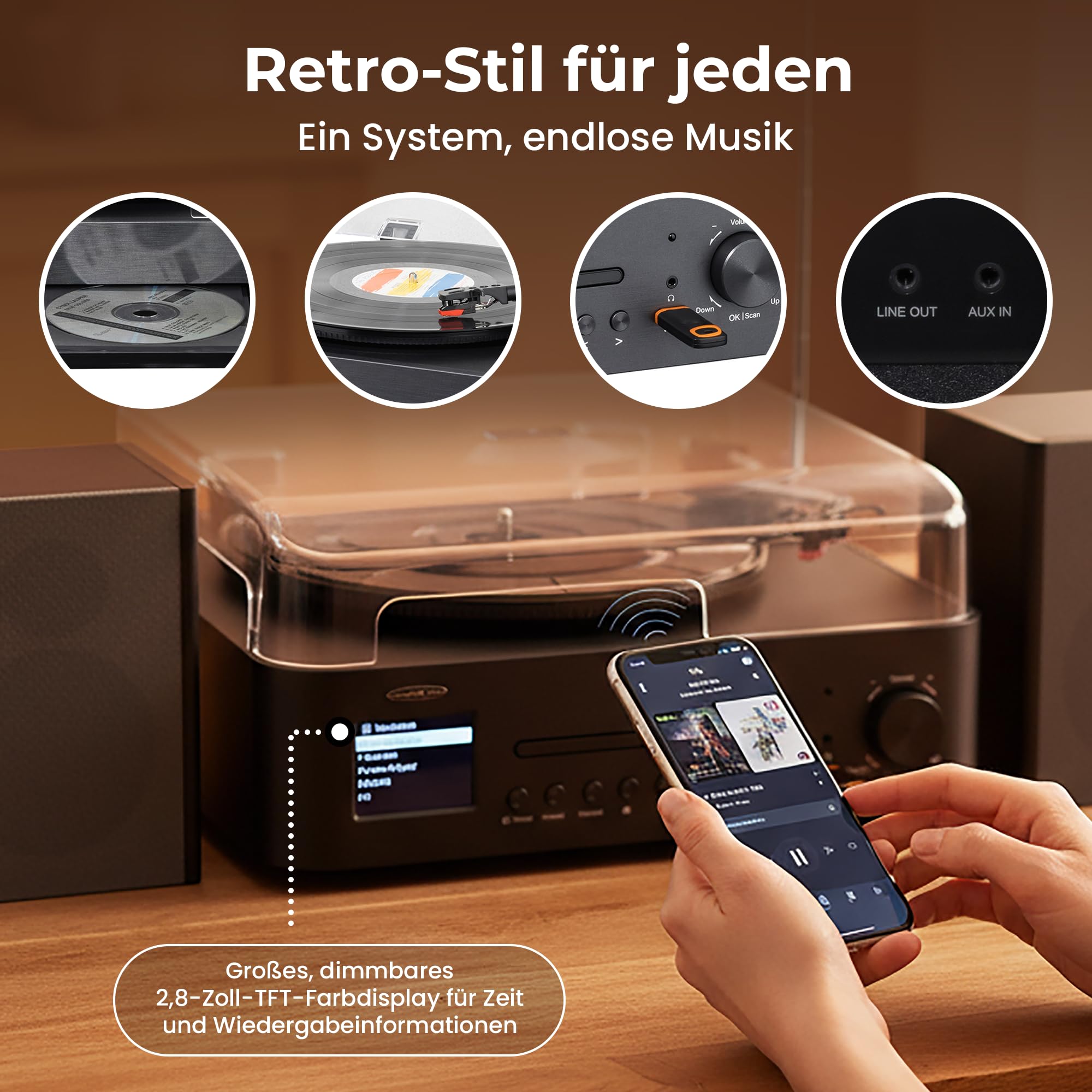 Reflexion Plattenspieler mit Lautsprecher & WLAN | Retro HiFi Anlage mit DAB+, Internetradio, Bluetooth, CD, USB-MP3 Aufnahme, Farbdisplay, Wecker & Sleep-Timer – Komplettsystem inkl. Fernbedienung