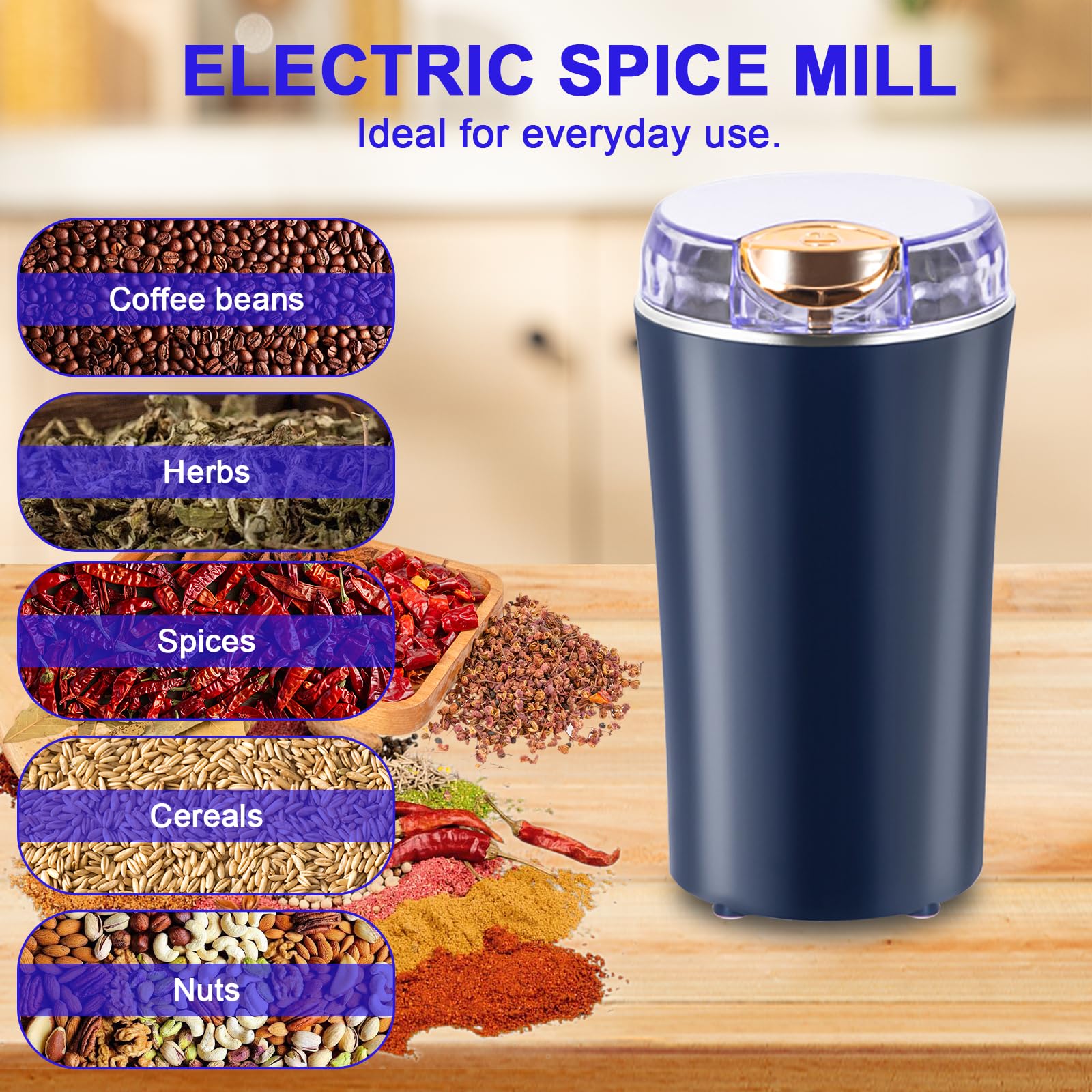 Suevut Macinacaffè Elettrico, Macina Caffè Elettrico 300W con Lame in Acciaio Inox Coffee Grinder Elettrico Portatile Macina Caffè Multifunzione for Coffee Pepper Herbs Flax Seed