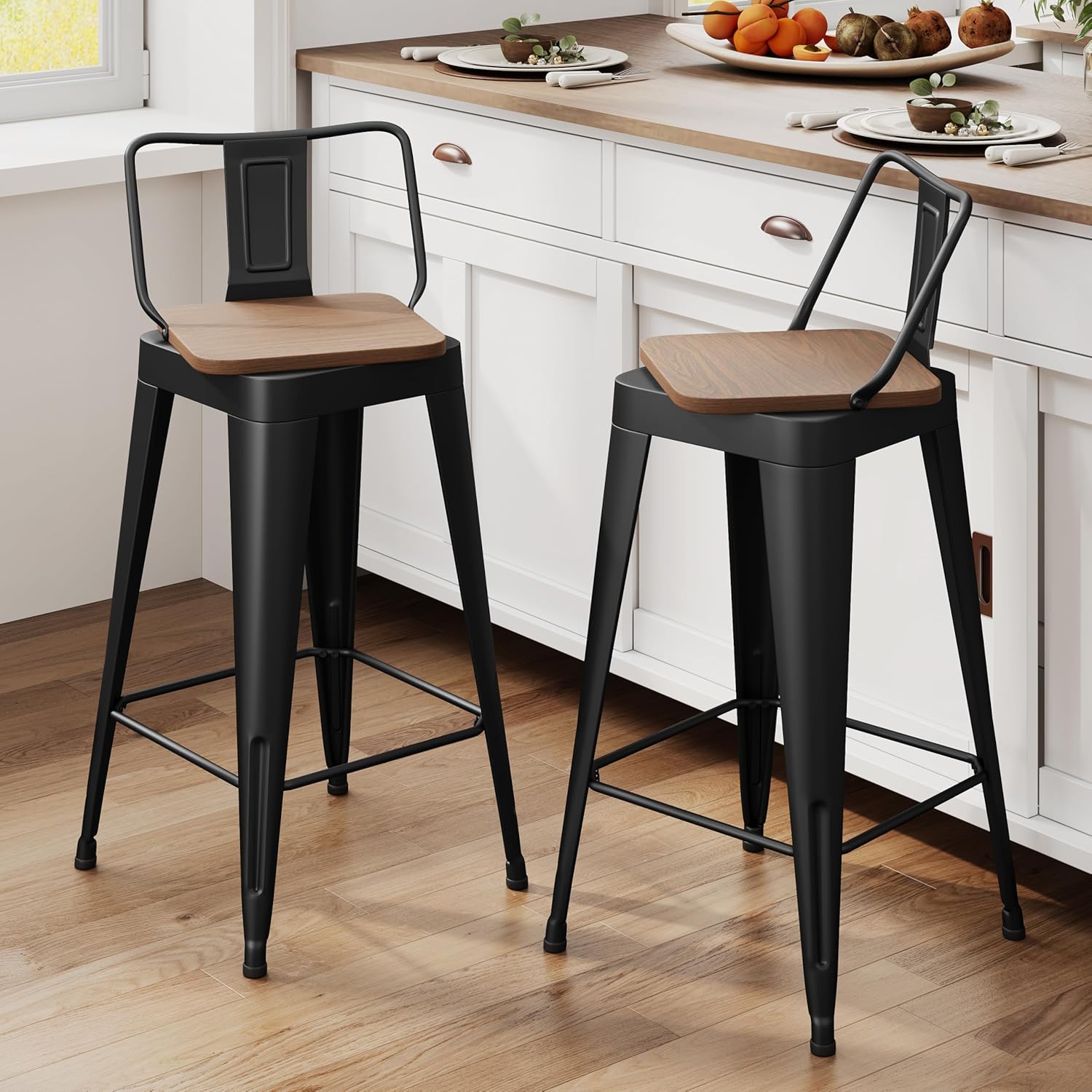 Andeworld Swivel Barstools Set of 2, 30 Inch Bar Height Metal Bar Stools with Wood Top, Low Back Barstools with Metal Leg and Footrest Bar Chair for Kitchen Island,Matte Black