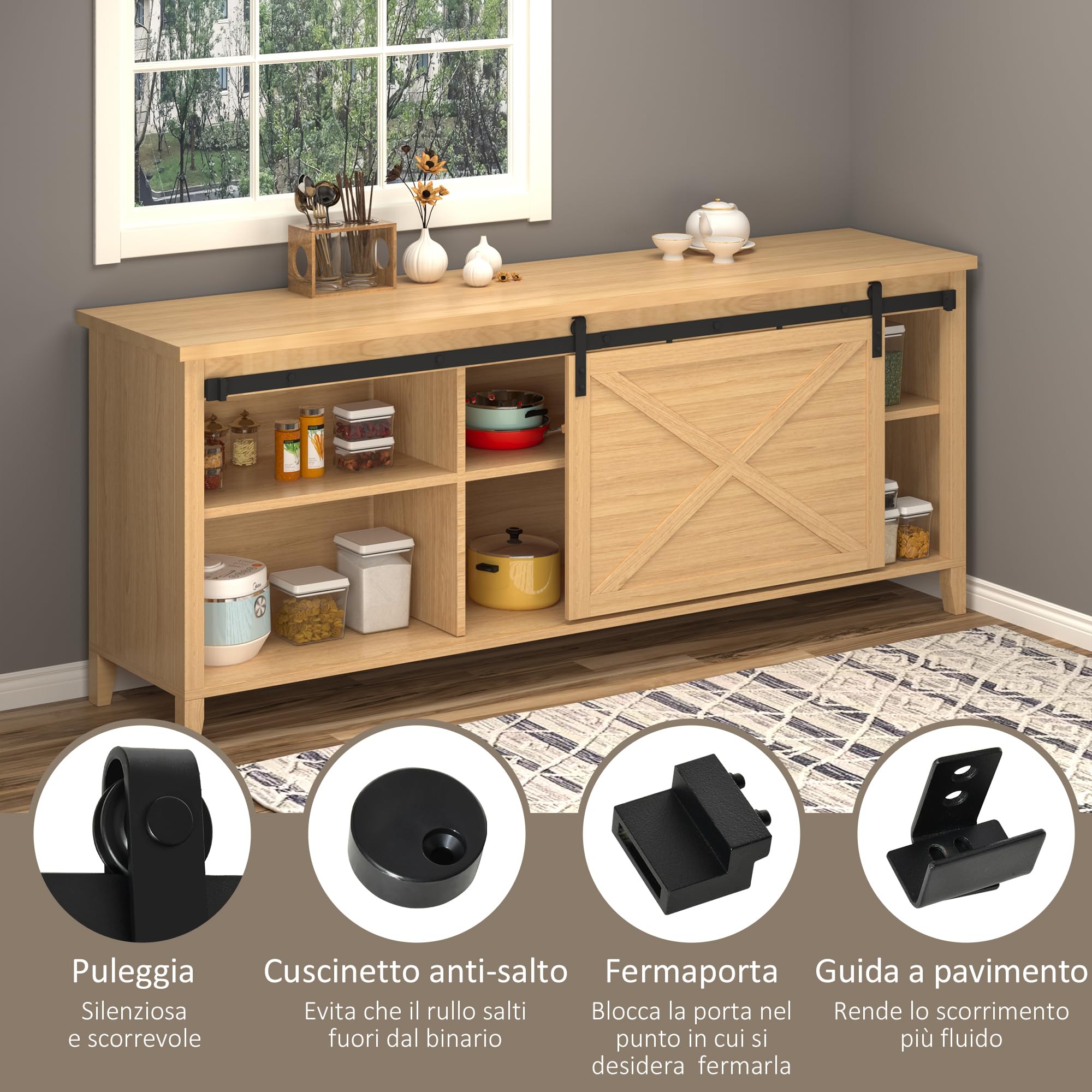 HOMCOM 200CM/6.6FT Kit per Porta Scorrevole Portata 20kg, Binario per Porta Scorrevole e Ante da 200cm con Rotelle Stile Rustico, Nero