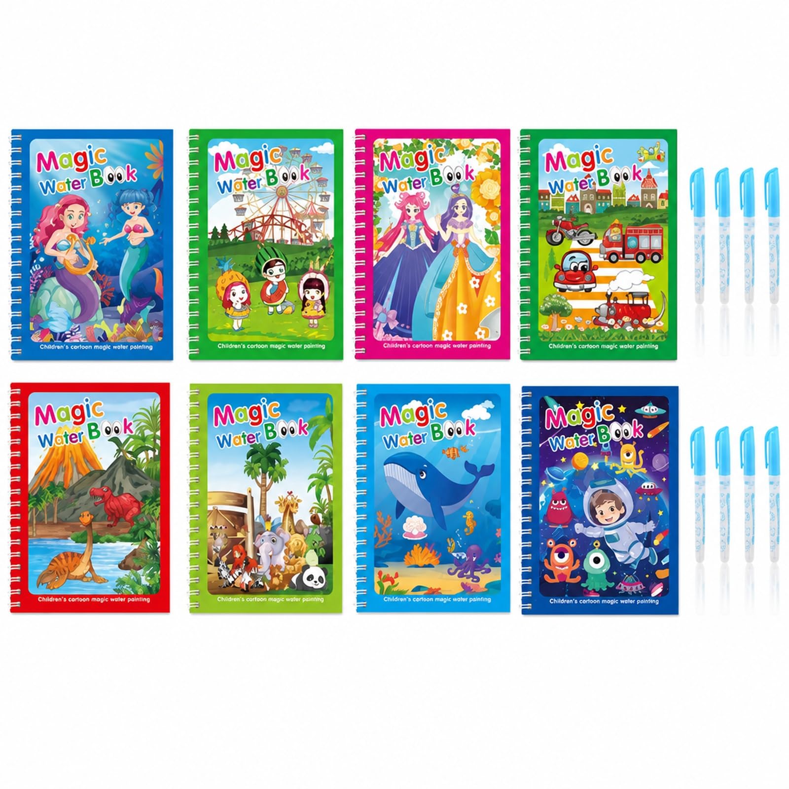 8 Pcs Water Colouring Book, Magic Water Colouring Book with 8 Pens, Reusable Mess Free for Beginners