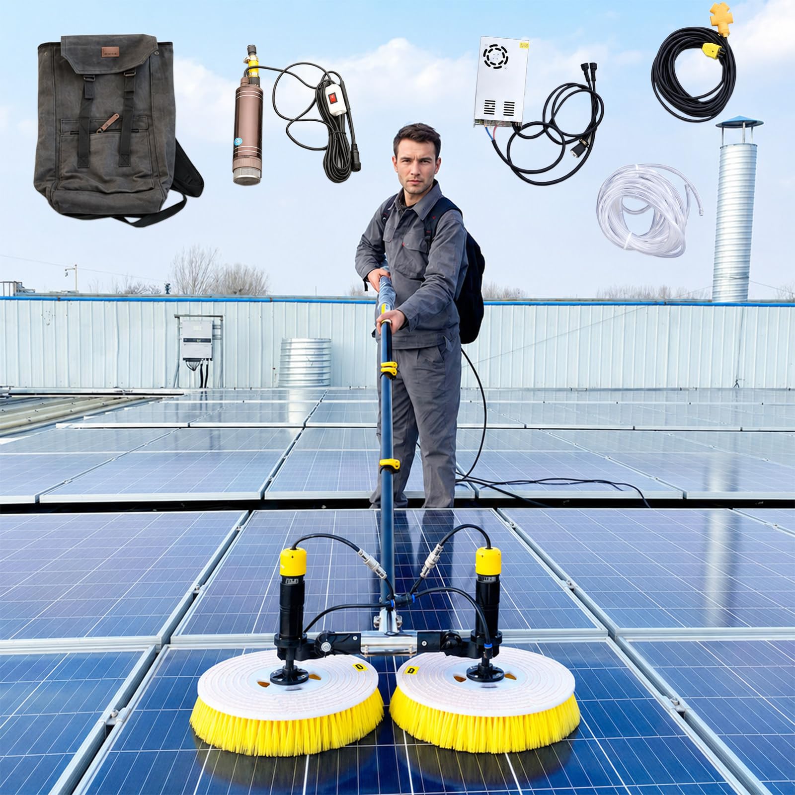 SENJINGHUA Multifunctional Water-Fed Telescopic Cleaning Brush (7m,8m,9m) for Solar Panels & Roofs, Dual-Head Rotating Nylon Bristle 9m