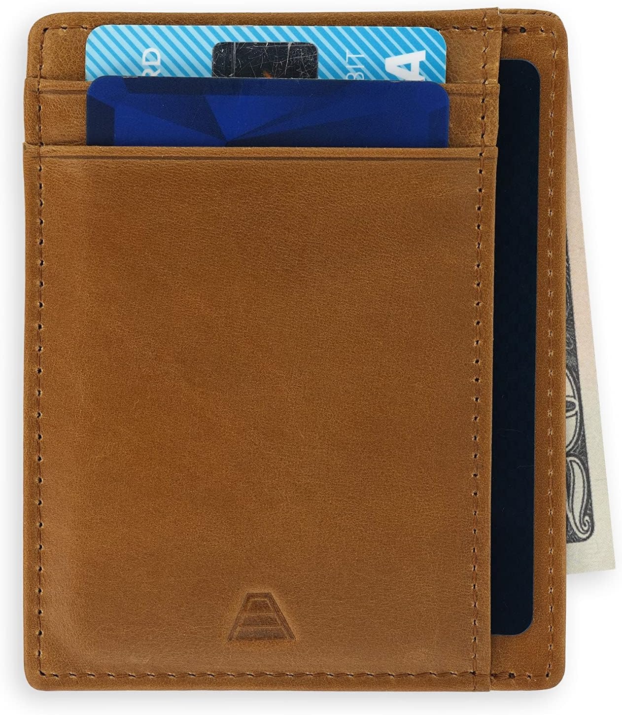 Leather Slim Wallet, Minimalist Front Pocket RFID Blocking Card Holder Made of Full Grain Leather (Tan)
