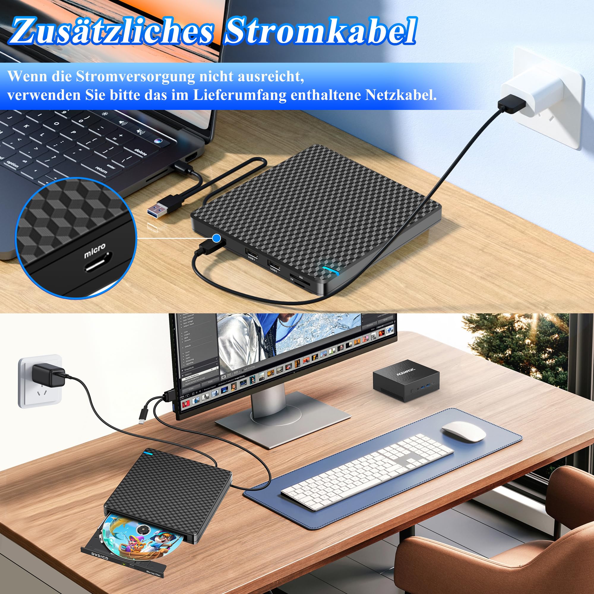 Externes Blu Ray Laufwerk: Slim Bluray Brenner Extern USB C für Laptop Mac MacBook mit SD/TF Slot USB Ports Tragbar Bluray Laufwerk Extern CD/DVD/BD Player für PC Windows 11 Schwarz