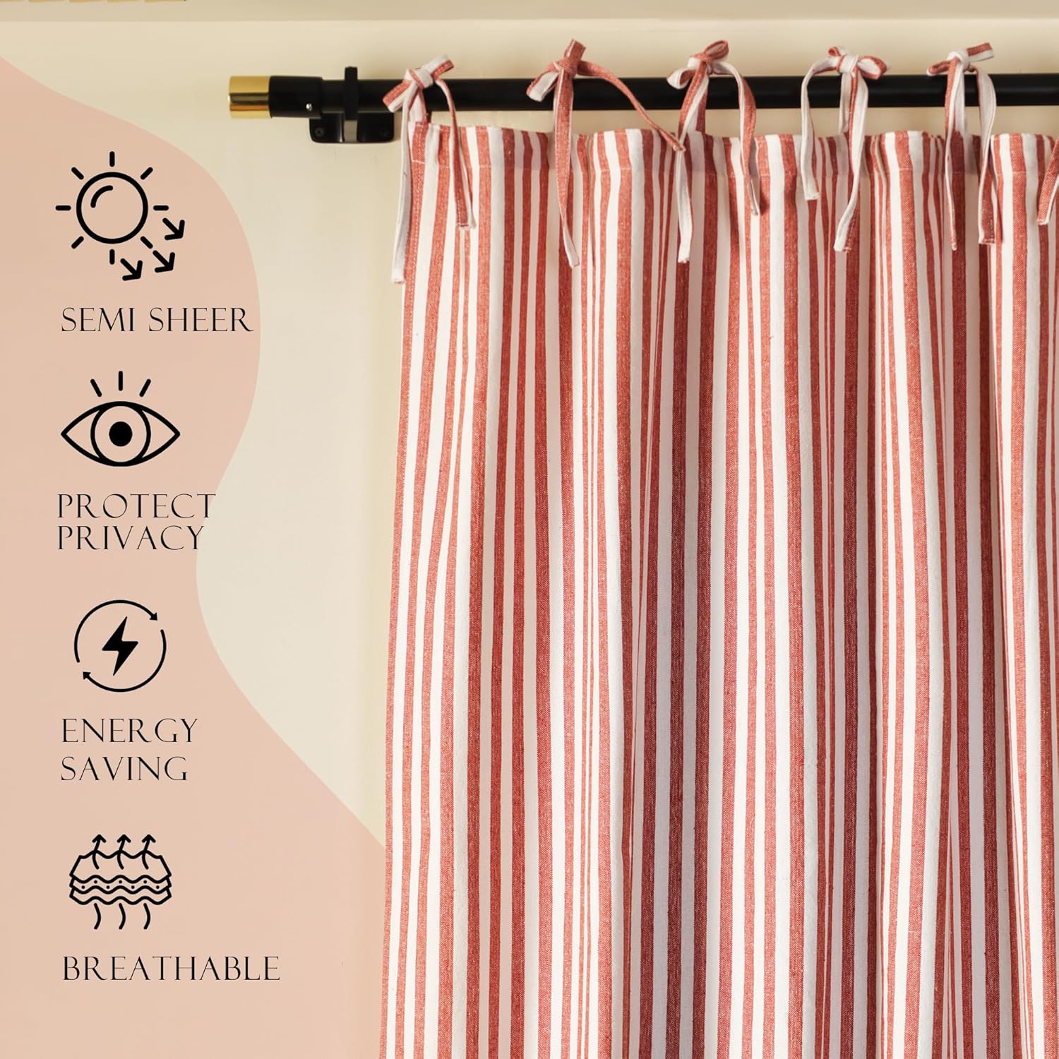 THE ART BOX Gauze Striped Curtains,Boho Linen Tie Top Hanging Curtains Light Filtering Door Window Treatment 2 Panel Curtain Drapes for Living Room Bedroom Red on White (72''x42'' Each Panel)
