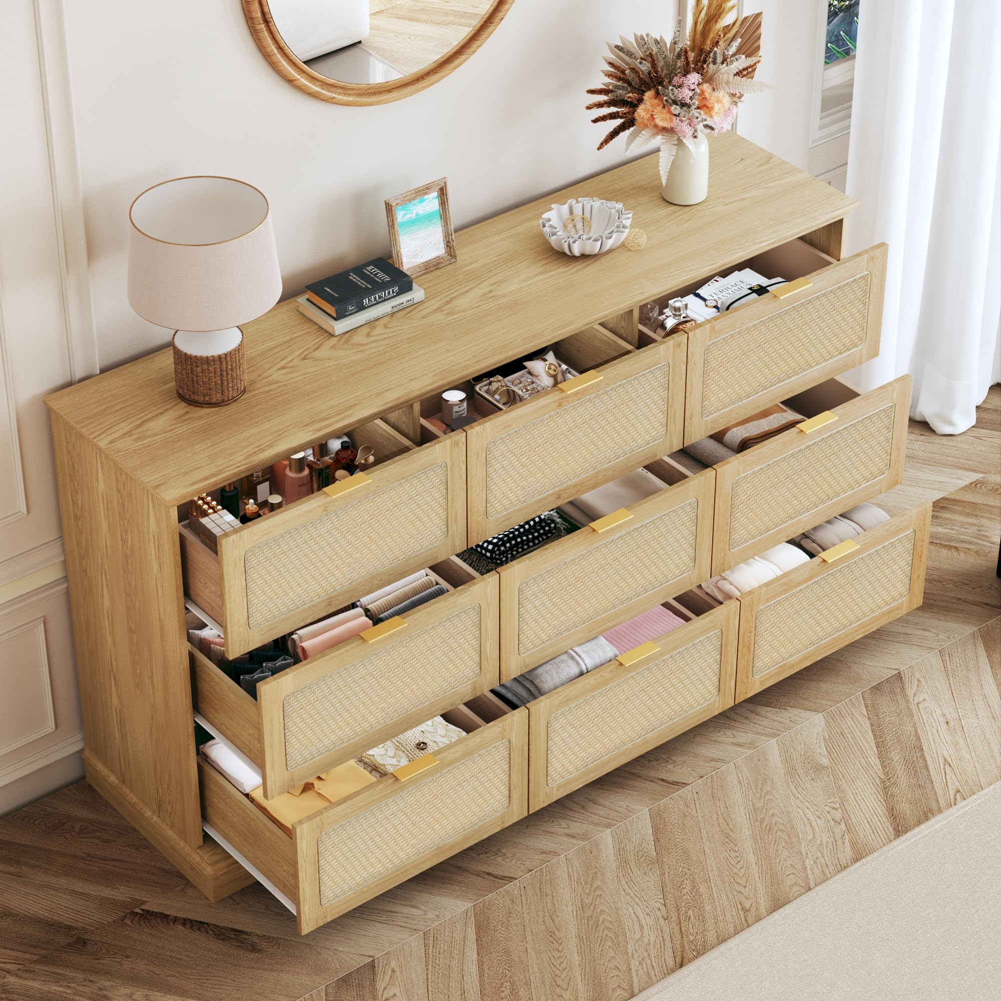 Amazon.com: HUAHUU 9 Drawer Dresser for Bedroom, 60 Inch Long Dressers &  Rattan Chest of Drawers, Large TV Stand for 55, 65, 70 Inch TV, Boho Style,  Modern Dresser for, Living Room,