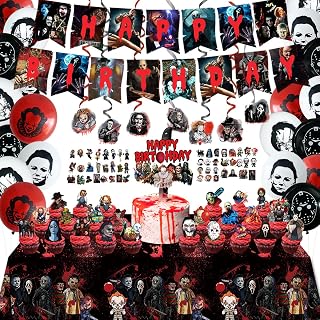Horror Party Decorations - Horror Movie Party Supplies 104Pcs, Classic Horror Birthday Party Decorations Included Banner Tablecloth Cake Toppers Balloon Swirls Decor and Stickers Scary Party