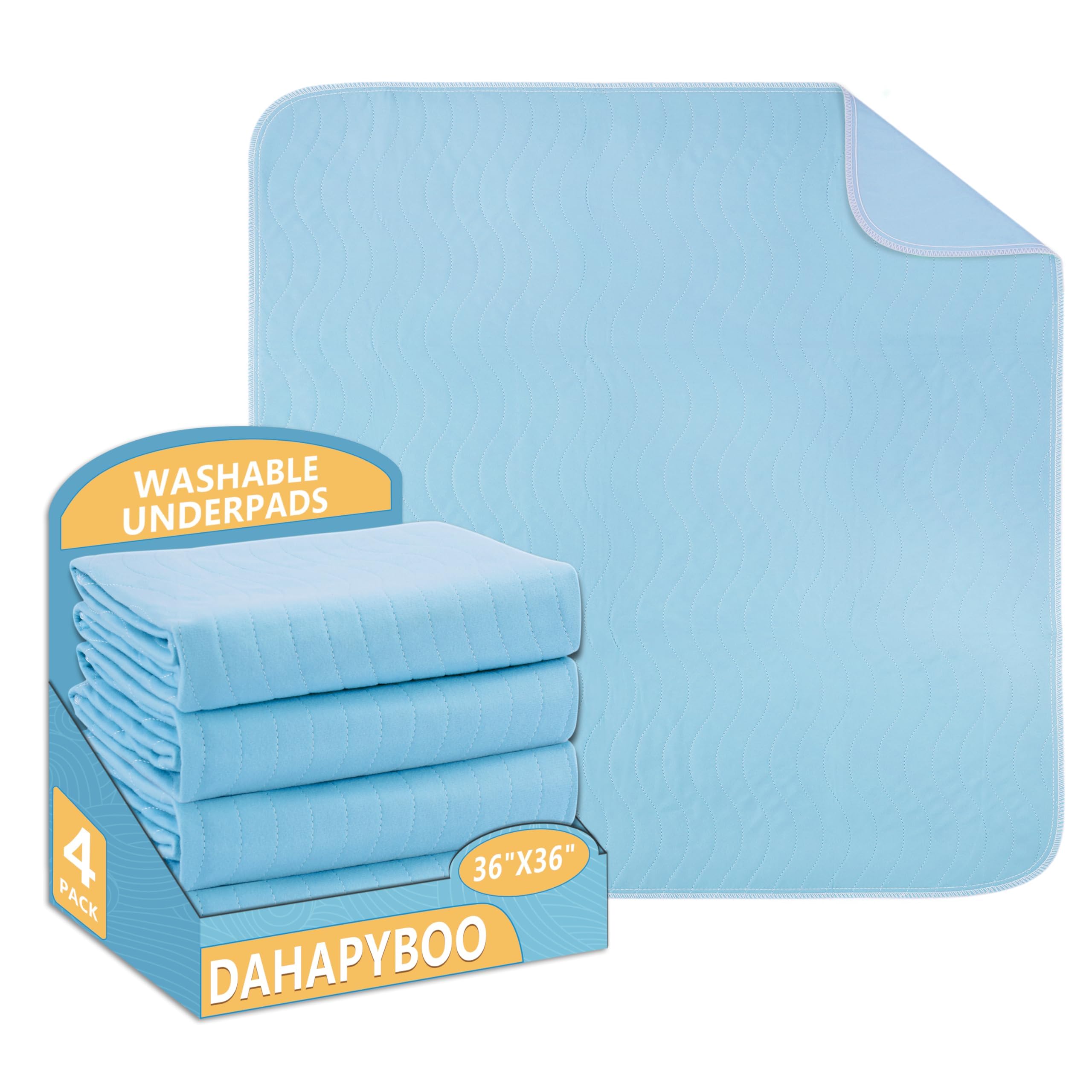 DAHAPYBOO Almohadillas lavables de 36 x 36 pulgadas, paquete de 4 almohadillas de cama para incontinencia, gran absorción, reutilizables para ancianos, niños, adultos y mascotas, impermeables, de