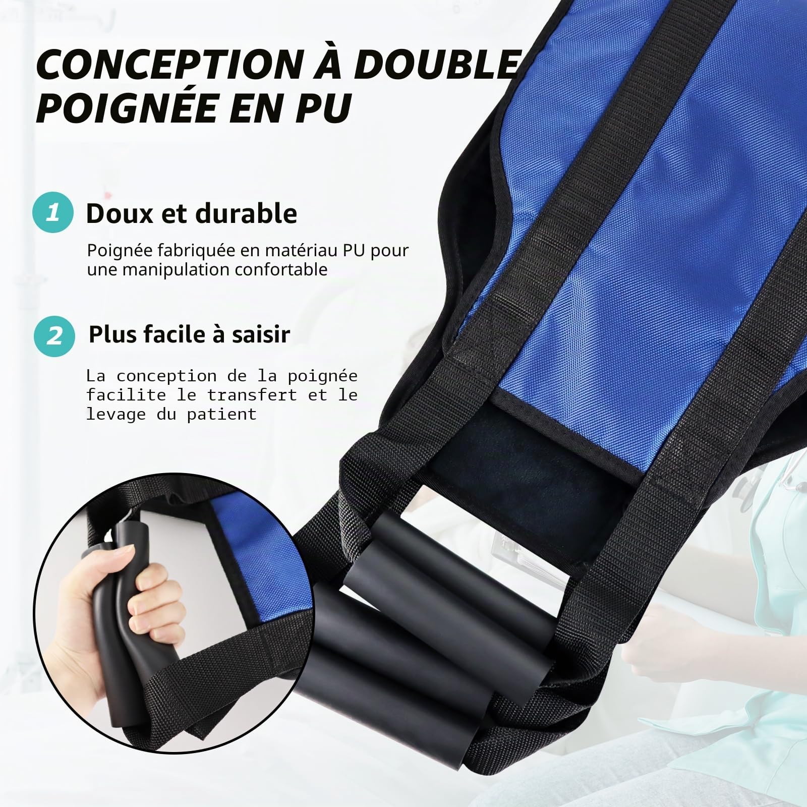 LOSCHEN Sangle de transfert de 110 cm, pour personnes handicapées, personnes âgées, gériatriques, blessées, en toute sécurité, en voiture, fauteuil roulant, lit (bleu, extra large)