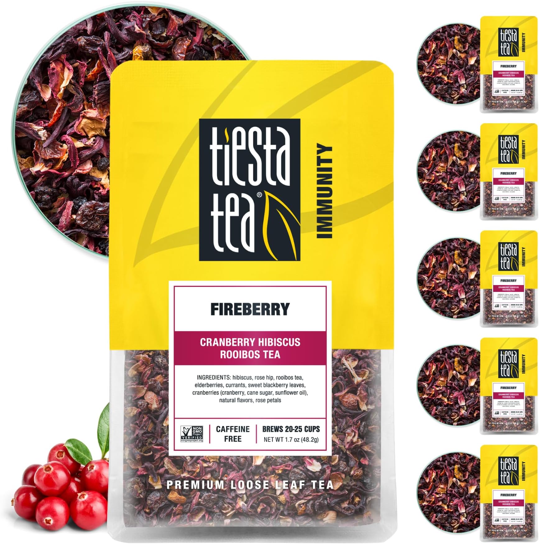 Fireberry, Loose Leaf, Cranberry Hibiscus Rooibos Tea, Premium Non-Caffeinated Rooibos Blend, Make Hot or Iced & Brews Up to 25 Cups, 1.7oz Resealable Pouch, Pack of 6