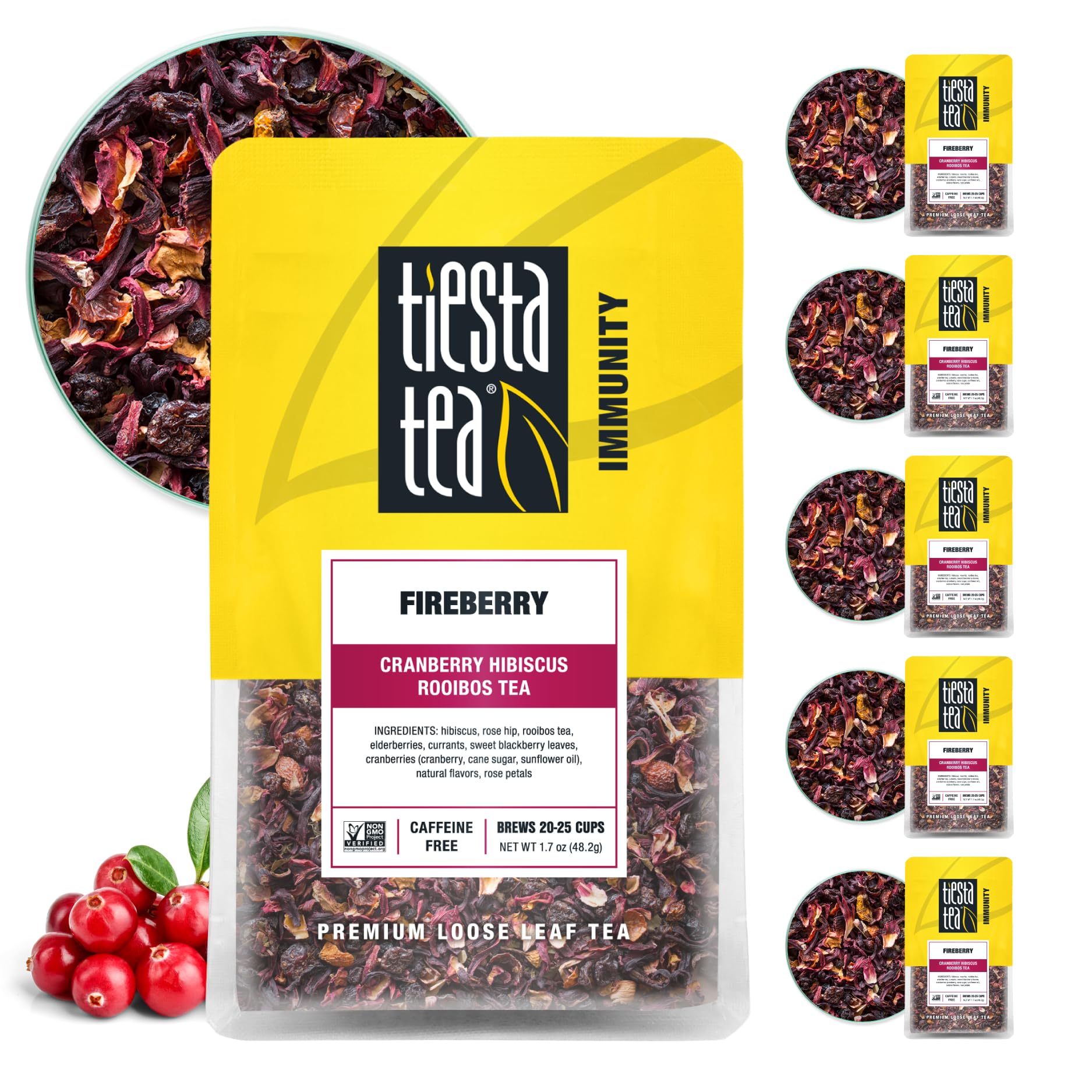 Tiesta TeaFireberry, Loose Leaf, Cranberry Hibiscus Rooibos Tea, Premium Non-Caffeinated Rooibos Blend, Make Hot or Iced & Brews Up to 25 Cups, 1.7oz Resealable Pouch, Pack of 6