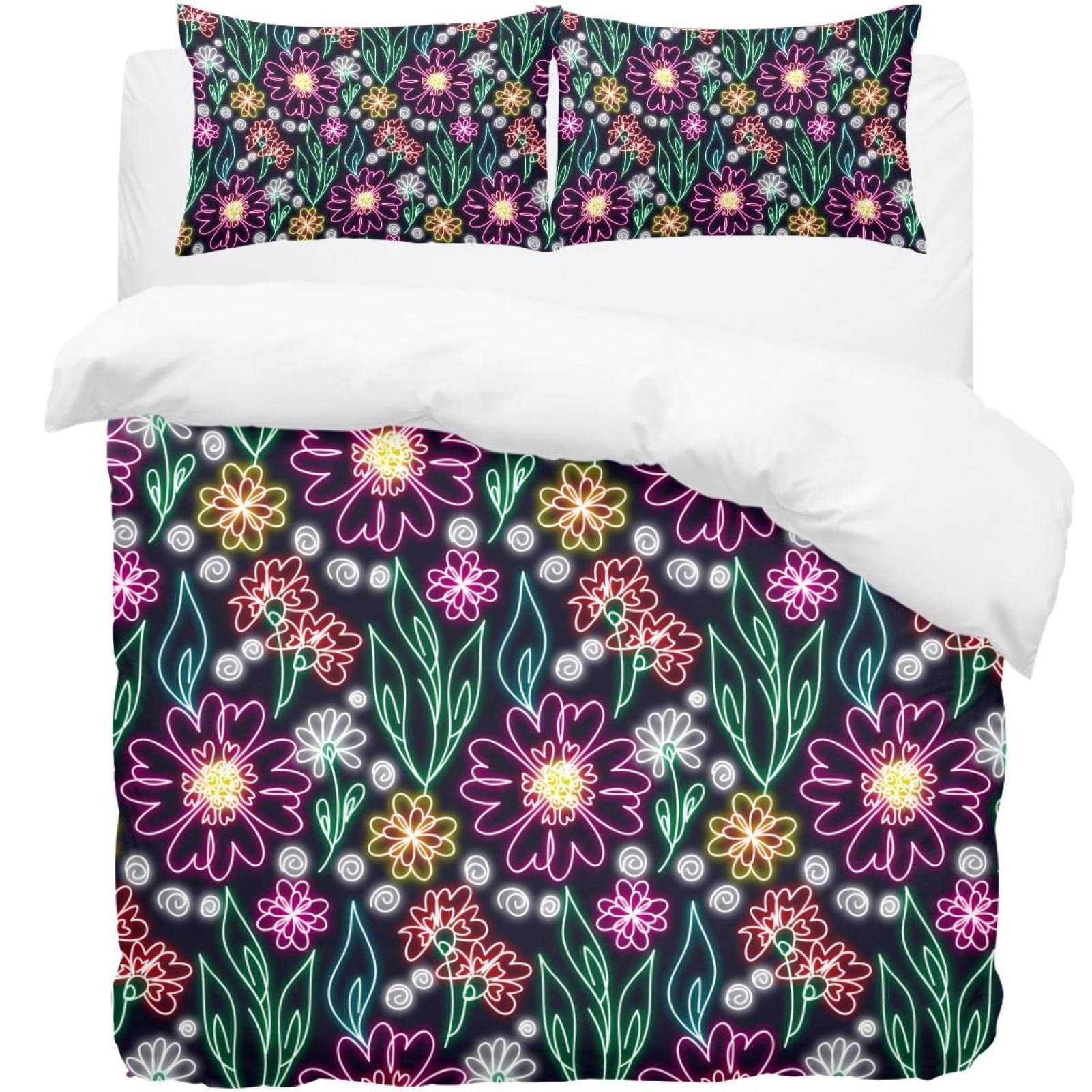 Housse de couette floral fluo parure de lit chaude et moelleuse avec taie