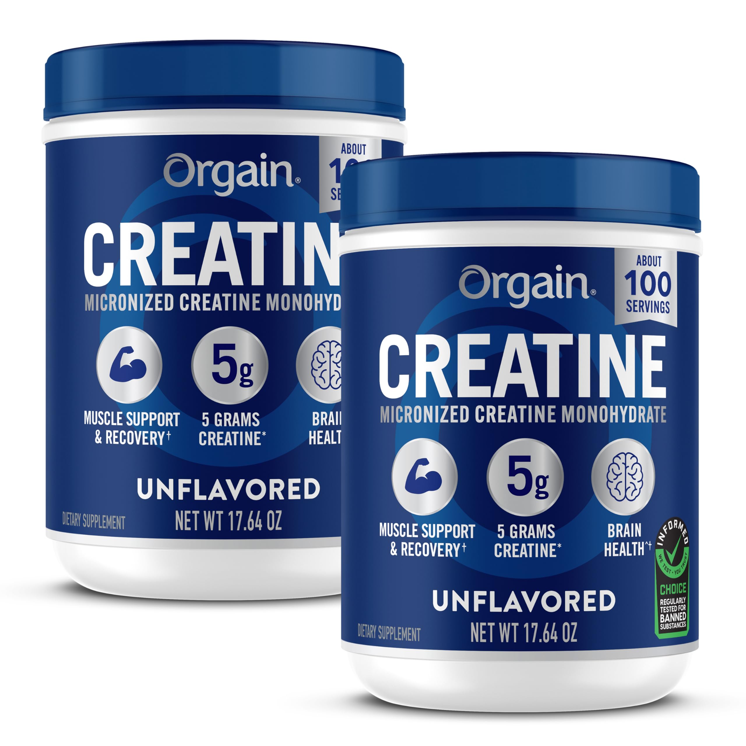 Orgain Creatine Monohydrate Micronized Powder,100 Servings,Unflavored,Supports Muscle Growth,Post Workout Recovery and Brain Health,No Artificial Additives,for Men &amp; Women,Vegan,(Pack of 2)