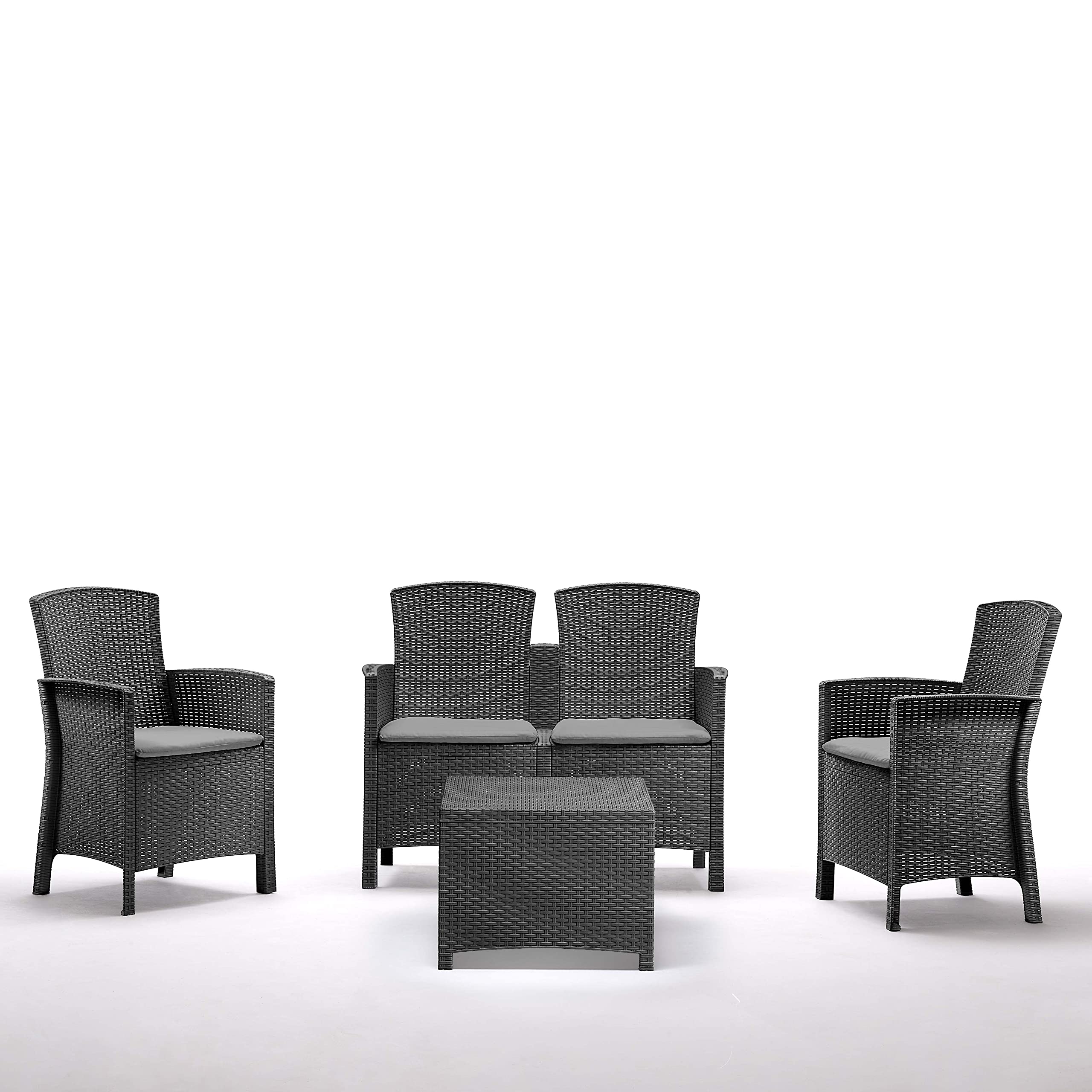 BICA Set Lido 2 Storage - Set Mobili da Esterno 2 Poltrone, 1 Sofa 2 posti, Tavolino Contenitore e Cuscini per la Seduta, Grafite