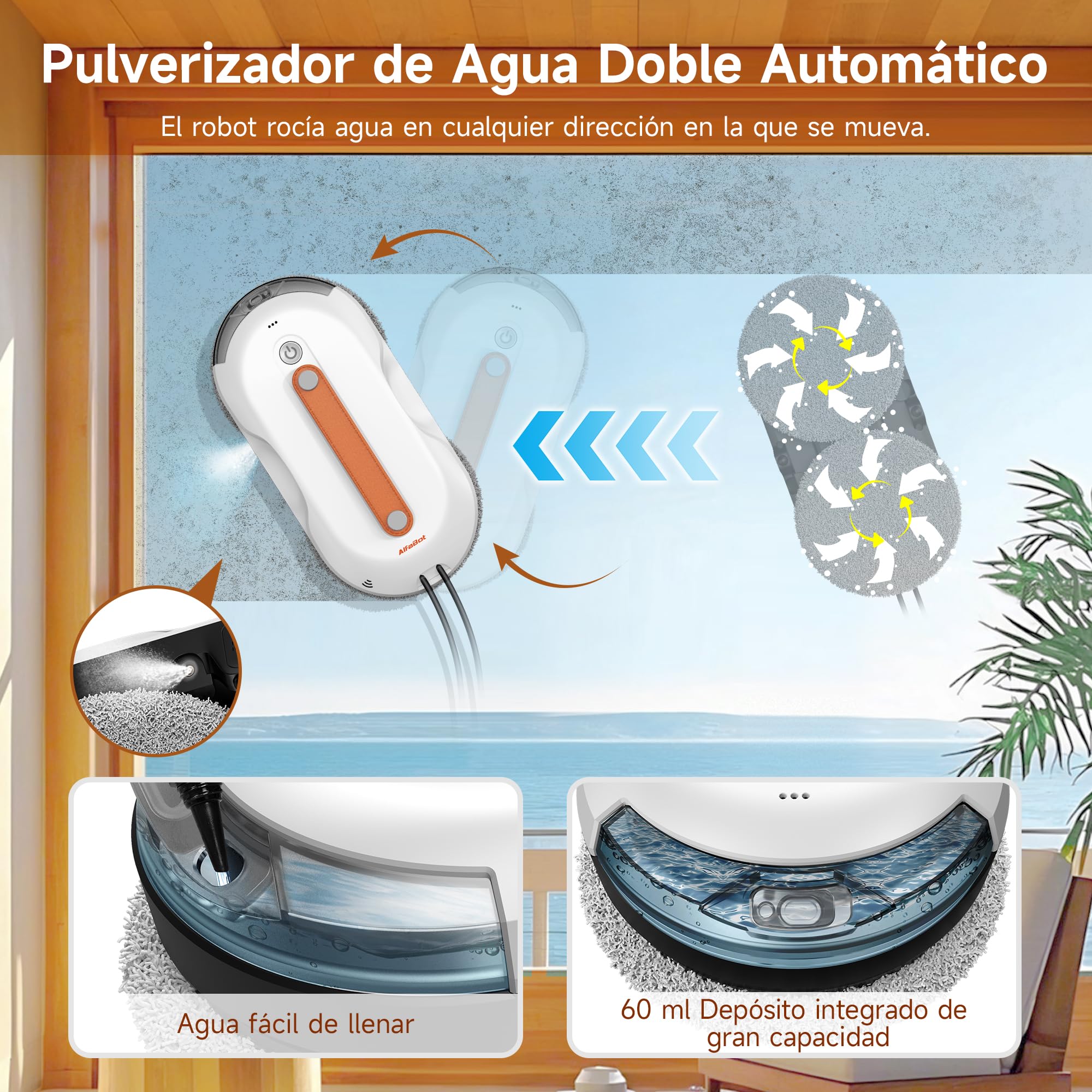 AlfaBot X7 Pro – Robot Limpiaventanas Inteligente - Limpieza sin Rayas para Cristales, Azulejos y Superficies Lisas • Rociado Bilateral • Tanque de Agua Grande