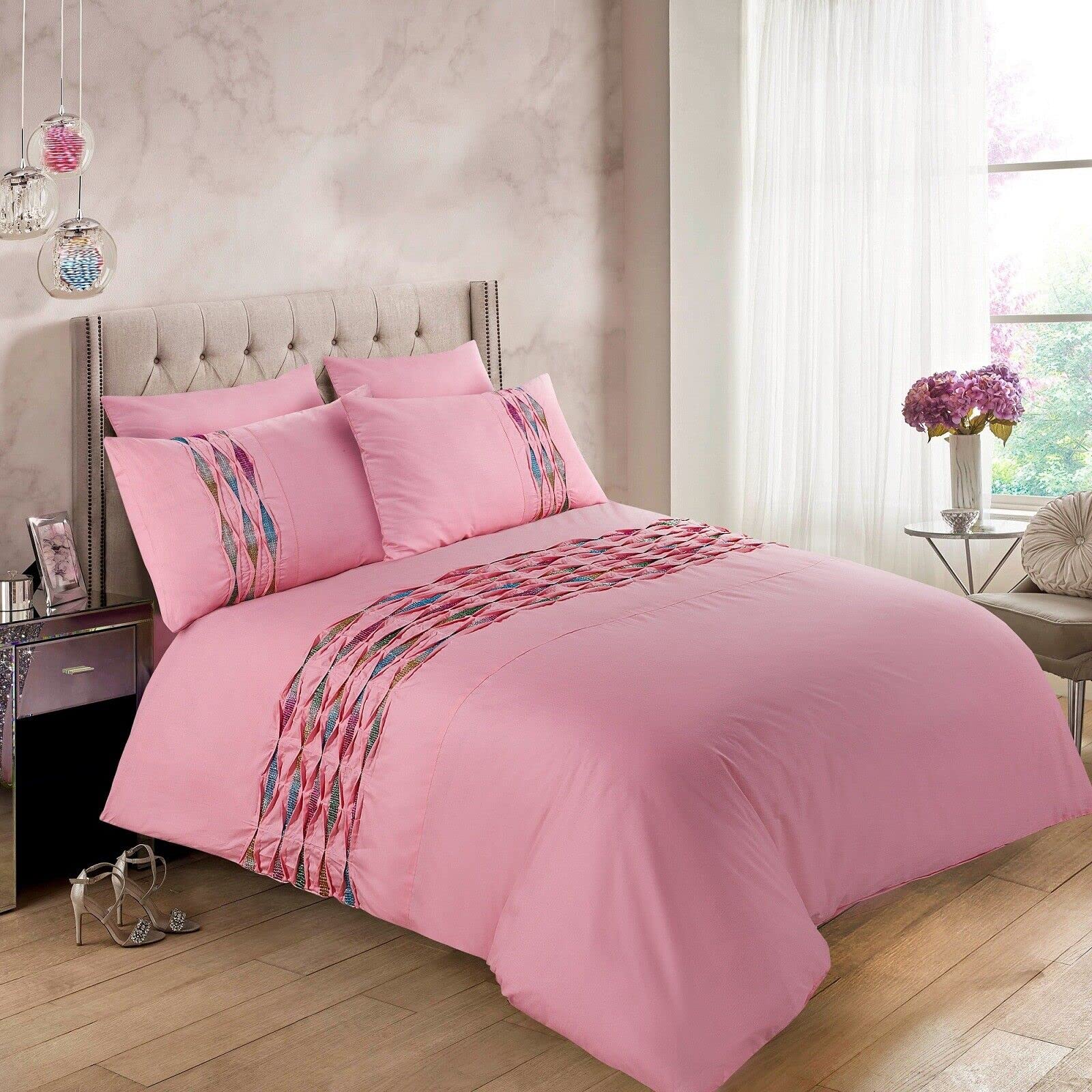 Axcent Comfort Hannah Diamante Embroidery Duvet Cover Set, Pintuck Pleated Striped Panel Luxury Easy Care Soft Duvet Cover Quilt Bedding Set with 2 Pillowcases (Pink, Super King Duvet Set)