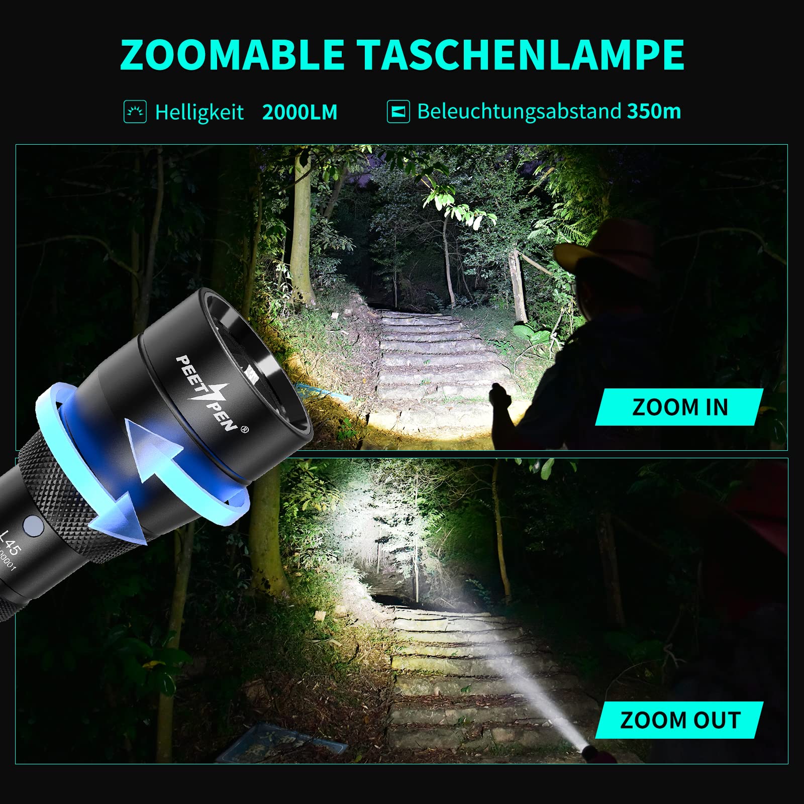Torce a LED ad alta potenza Torcia tattica da 2000LM con luce display Ricarica USB Lanterna con zoom di emergenza per pesca da campeggio  30