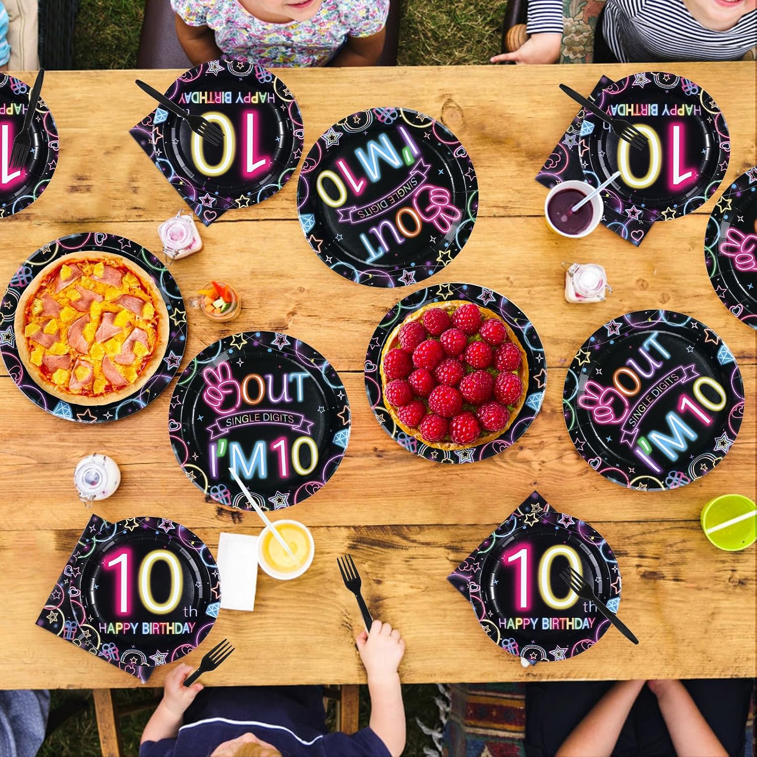 96Pcs Neon 10th Birthday Decorations Neon 10th Birthday Party Plates and Napkins Double Digits Disposable Tableware for 10 Years Old Girls Boys Peace Out Single Digits Party Decor Serve 24