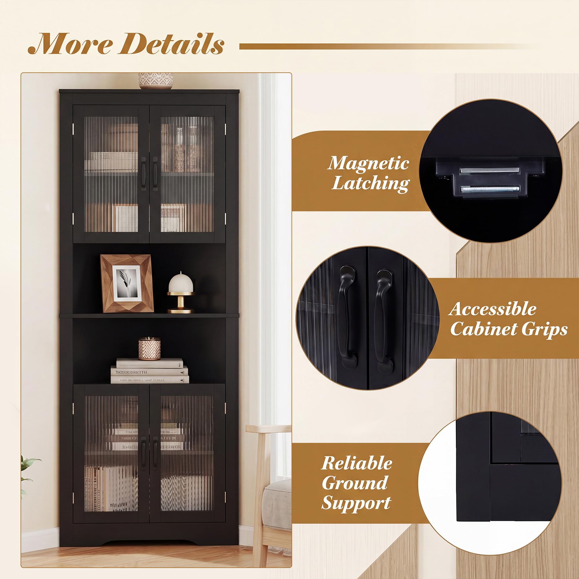 LIFEZEAL Mobile Bagno Angolare Salvaspazio, Armadio Bagno ad Angolo 66 x 35 x 171 cm, Credenza Cucina, Dispensa, con 6 Scomparti, 4 ante e 2 Ripiani Aperti, per Soggiorno, Cucina (Nero)