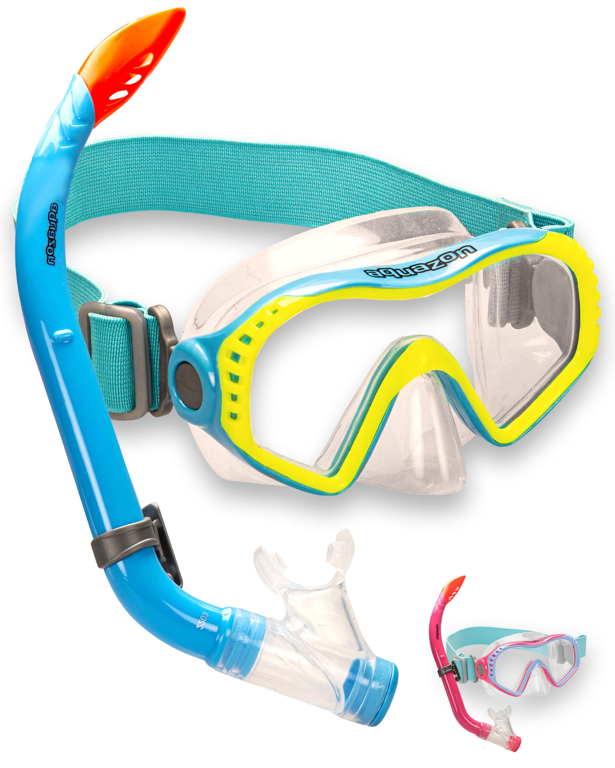 AQUAZON Starfish Set de Snorkel, Set de Buceo, Gafas de Snorkel con Cristal Templado, Silicona, Snorkel con Parte Superior Semi Dry para niños, Adolescentes de 7-14 años