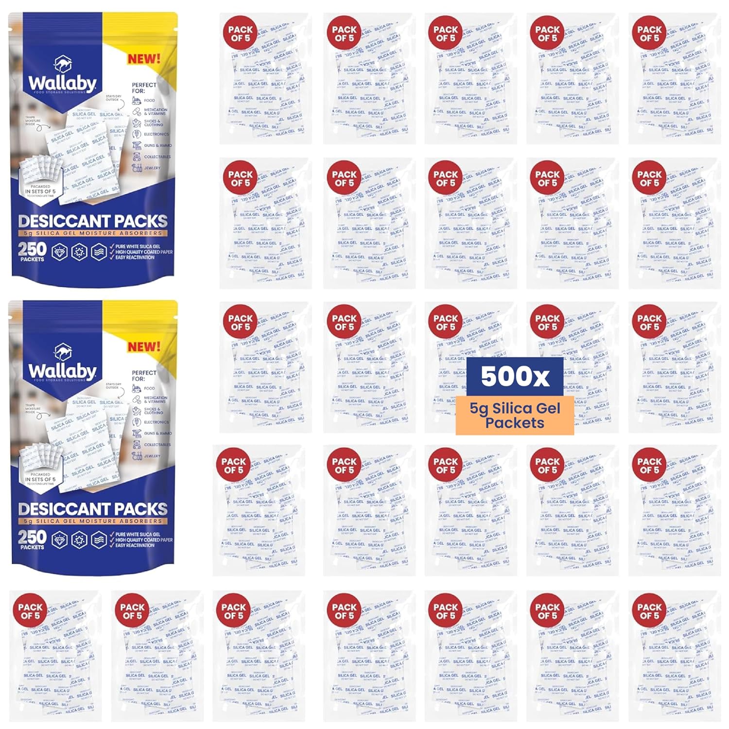 Wallaby 5 gram (500 Packets) Food Safe Pure White Silica Gel Desiccant Dehumidifier Packs - Rechargeable & Coated Moisture Absorbers - Protects Against Moisture Damage - (Packed in 100x Sets of 5)