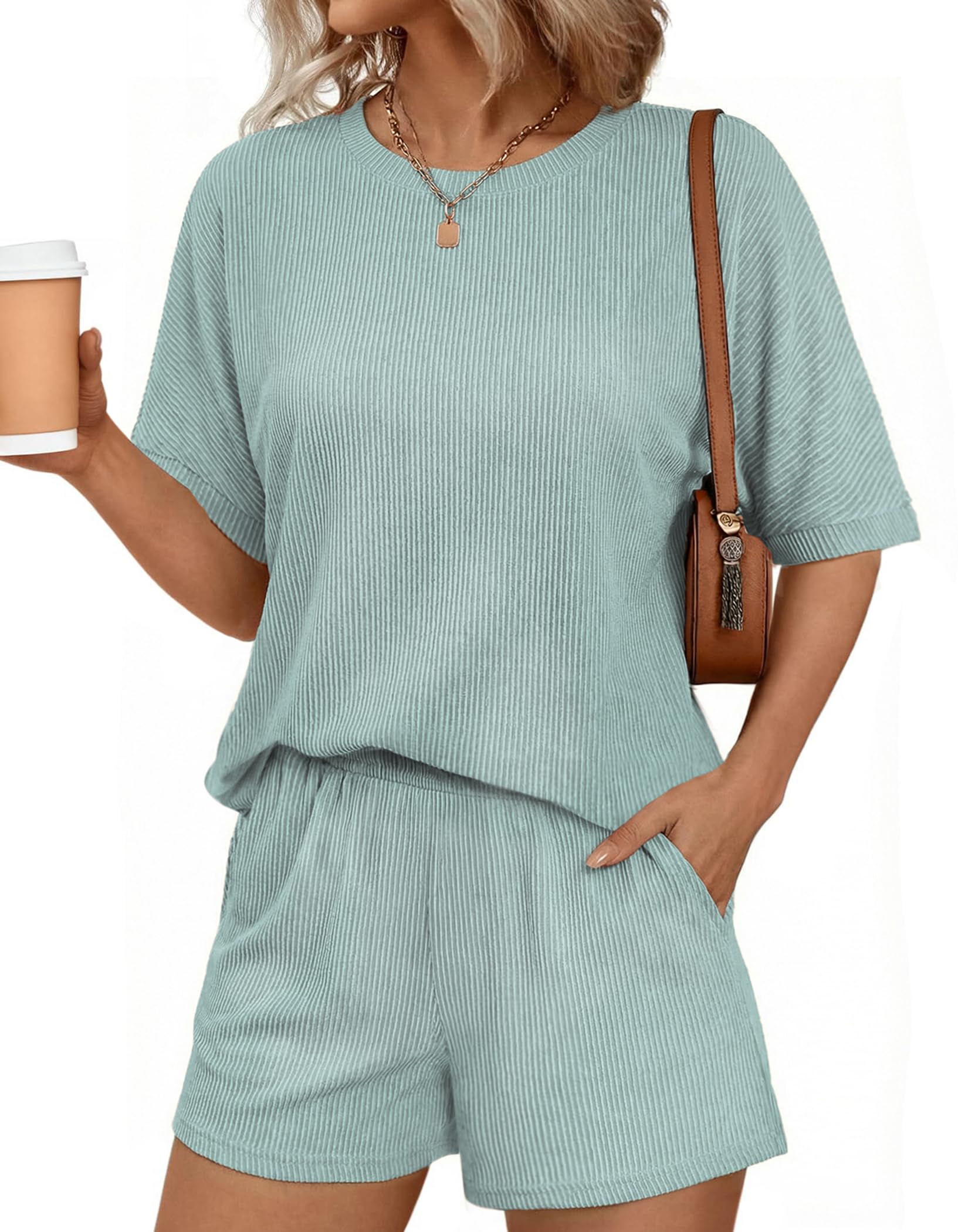 Ekouaer Women 2 Piece Lounge Set 2026 Summer Cruise Outfits Ribbed Loose Short Sleeve Matching Sets with pocket
