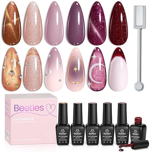 Beetles Cat Eye Gel Nail Polish Set, 6 Colors Brown Purple Glitter Nude Sparkle Stunning Champagne Burgundy Gold lavender Magnetic Effect Nail U v Gel Polish Art Design Gifts for Women - 0-0-Astrology Tarot