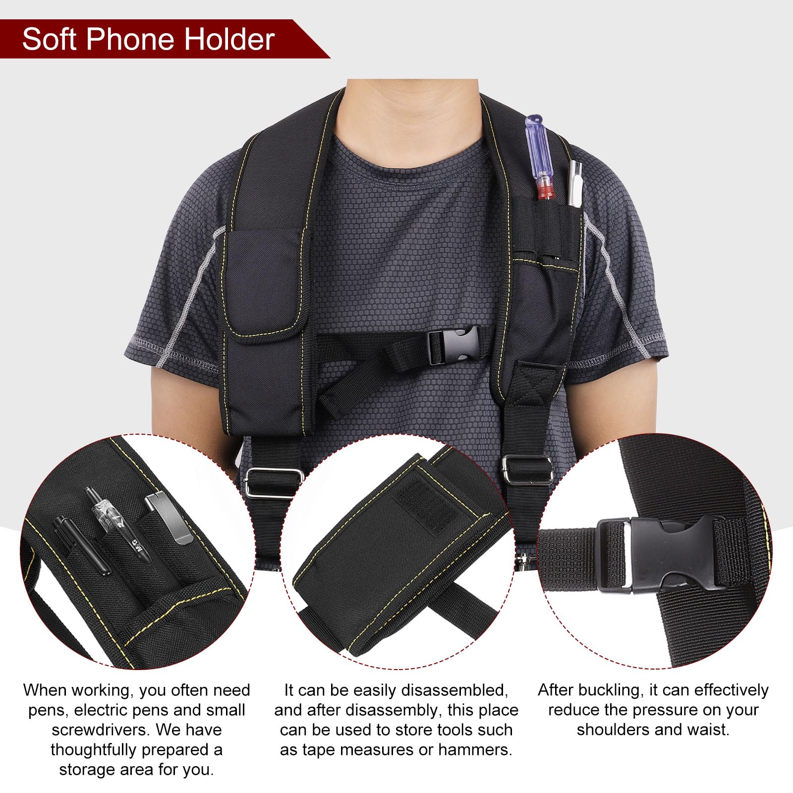 QUARKZMAN Bretelles pour Framer Carpenter Electrician Tool Belt Noir/Rouge | Bretelles De Ceinture À Outils Avec 4 Boucles D'Attache Bracelet Magnétique Support De Téléphone Mobile Porte-Crayon