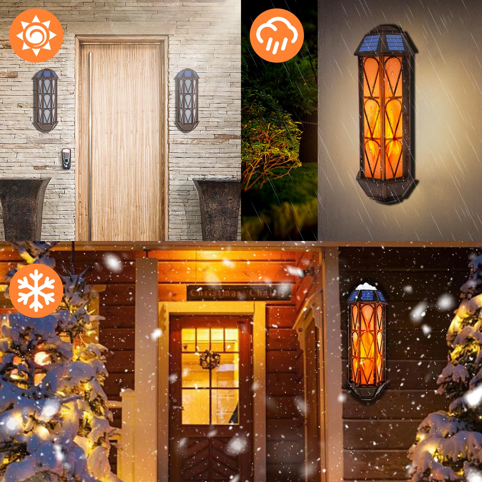 Apliques solares de llama para exteriores, 74 luces LED parpadeantes, apliques con encendido automático, impermeables, luces de pared para decoración de puerta de garaje, jardín, porche, patio, 2