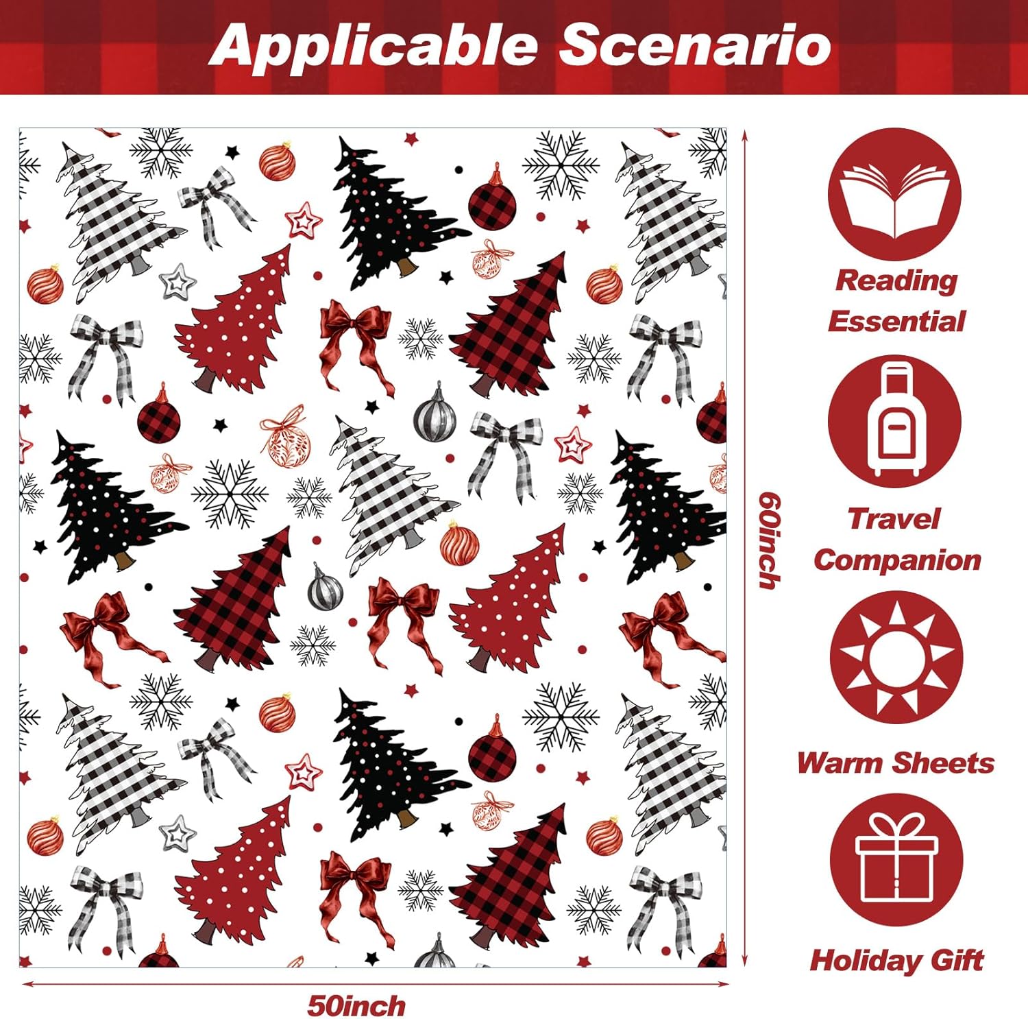 Buffalo Plaid Christmas Tree Blanket Flannel Christmas Throw Blanket Xmas Red Black Colorful Trees Snowflake Farmhouse Decoration Gifts for Couch Bed Sofa Holiday 50" x 60" - Image 3