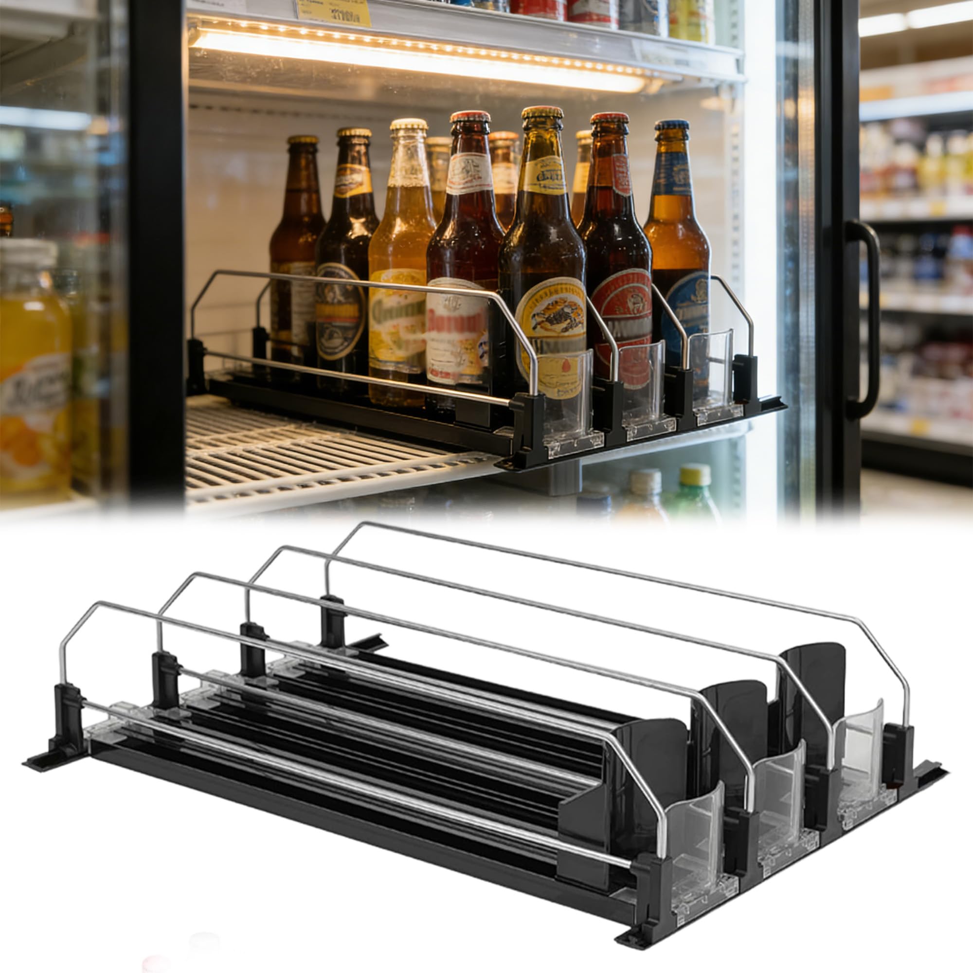 Nevera Dispensador, Automático Dispensador, Organizador De Latas Grande Para Nevera, Barra Doble De Barra Negra, Deslizador Ajustable, Grupo De Tres Filas, 38 * 25 * 8 Cm