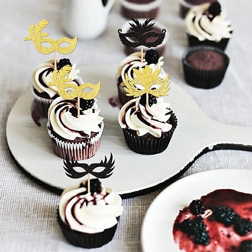 Miniatura 4 de Rsstarxi Paquete de 36 máscaras de mascarada, adornos para cupcakes, color negro y dorado con purpurina para despedida de soltera, para carnaval,