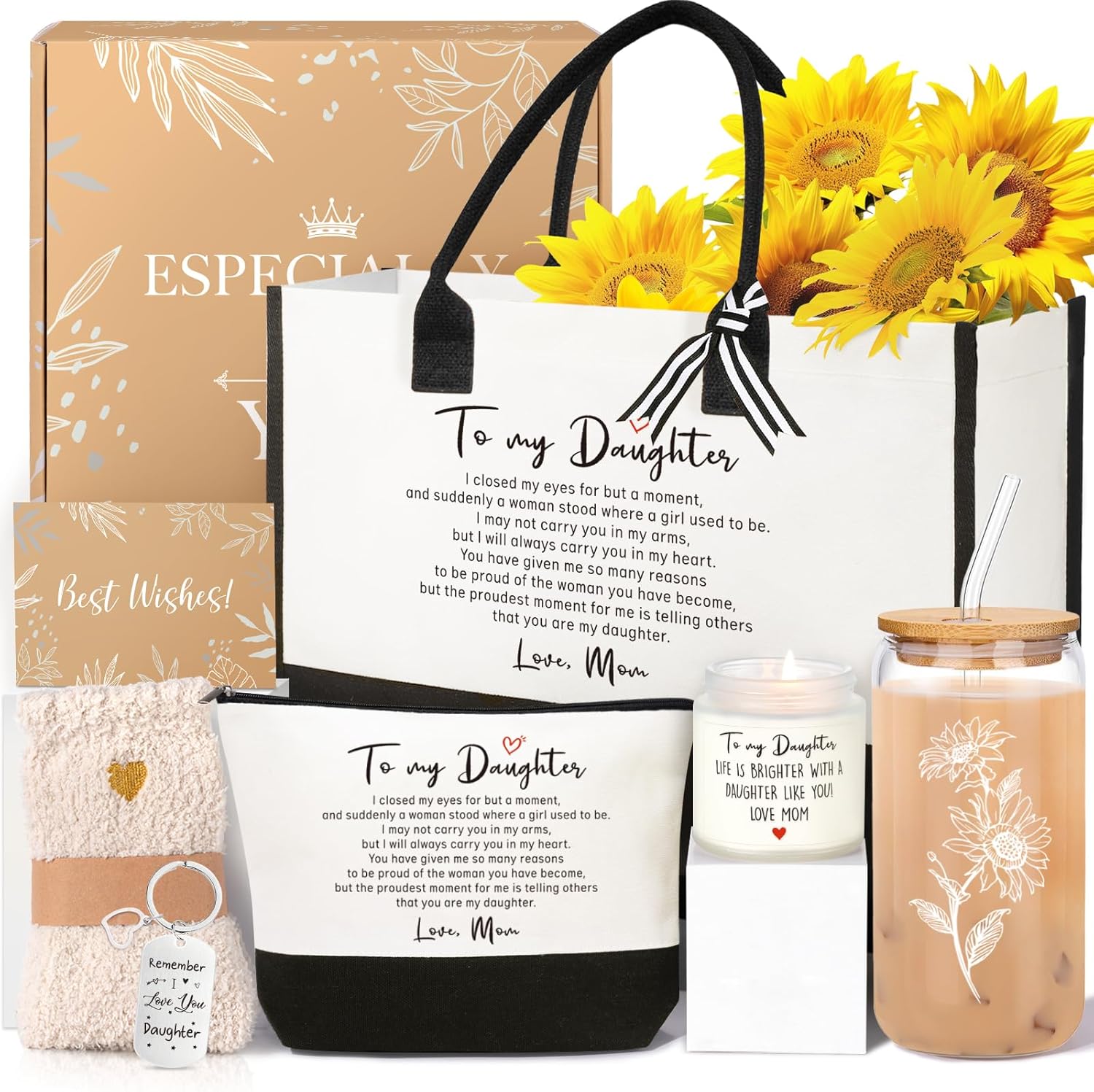 Daughter Gifts from Mom Dad, Daughter Birthday Gifts Ideas Tote Bag Makeup Bag 16 Oz Can Glass Cup Care Package, Daughters Christmas Mothers Day Valentines Thank You Gift Baskets for Women - Image 1 of 7