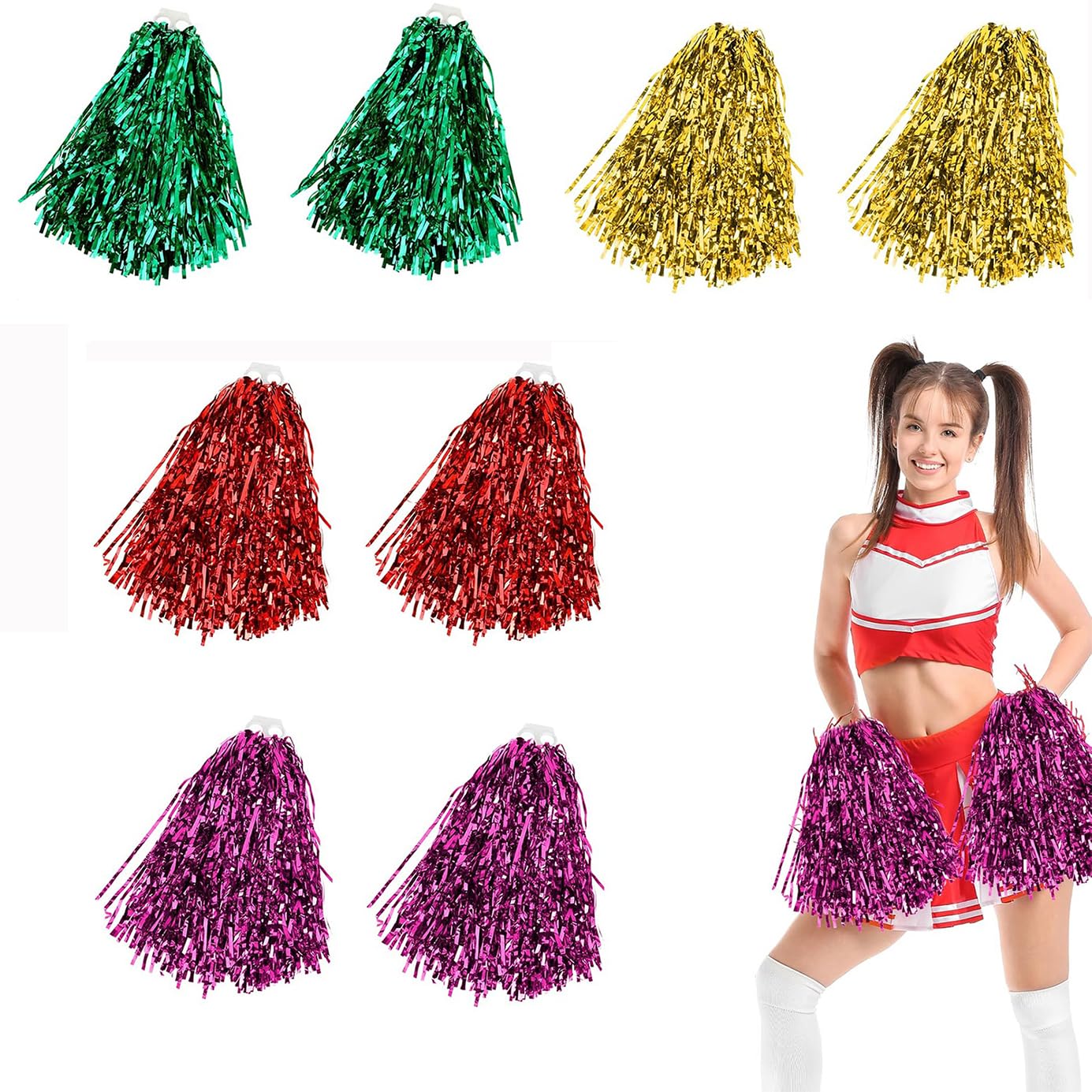 Pompones para Animadoras,8PCS Cheer Leader Poms Animadora Poms Pompones de Plástico para Reuniones Deportivas,Competiciones Deportivas,Celebraciones Navideñas(4 Colores)
