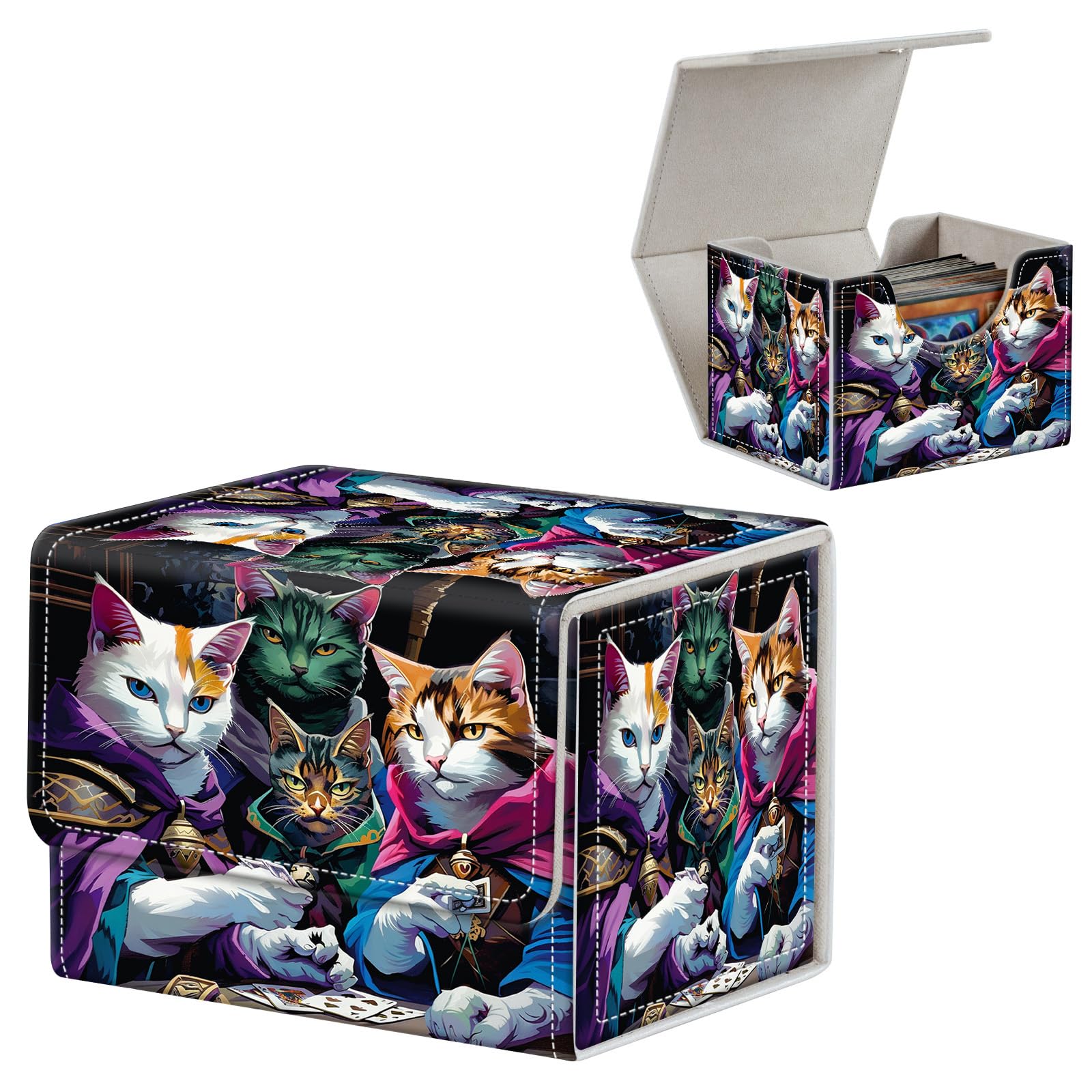 FUYOCWE Card Deck Box,MTG Commander Deck Box 100+ Double Sleeved Cards Storage,Magnetic Snap Leather Trading Card Case Oragnizer for TCG/CCG/Magic/Sports Cards-Cats playing card Game — image 1