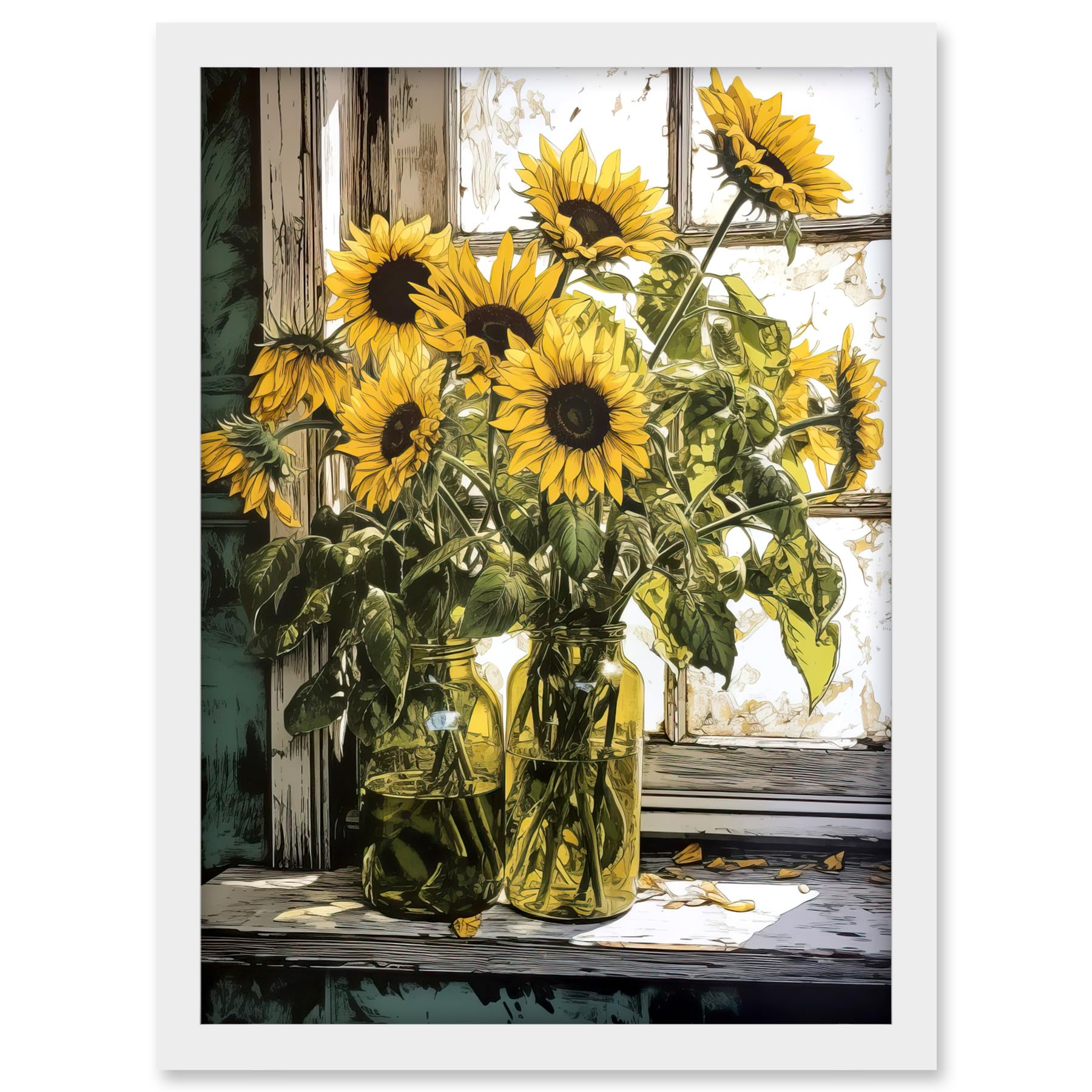 Artery8 Sunflowers Still Life Watercolour Painting Yellow Flowers Farmhouse Window Sill Artwork Framed A3 Wall Art Print