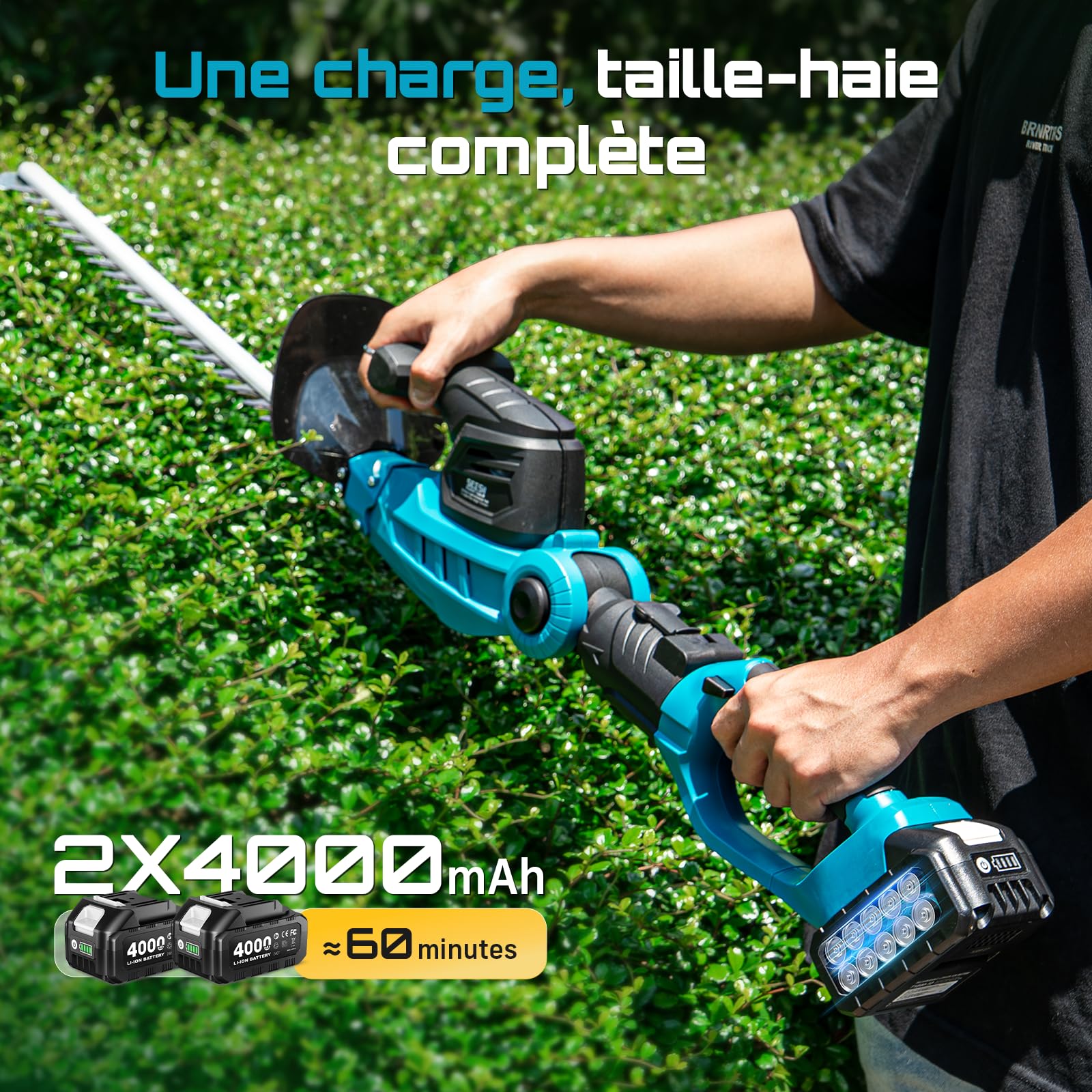 SEESII Taille Haie Batterie 2 en 1, Taille-Haies Électrique avec Lame de 53 cm, Portée Maximale de 2,6 m, Capacité de Coupe de 18 mm, 2 Batteries de 4,0Ah, Convient pour Jardin, Arbres et Arbustes