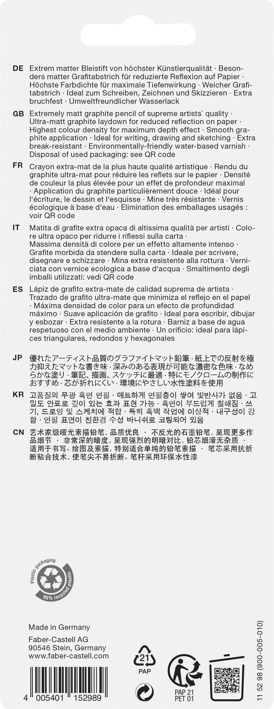 Faber-Castell Pitt Monochrome Matite Grafite Set 4 Pezzi Gradi 2B 6B 10B 14B Ultra Opaco