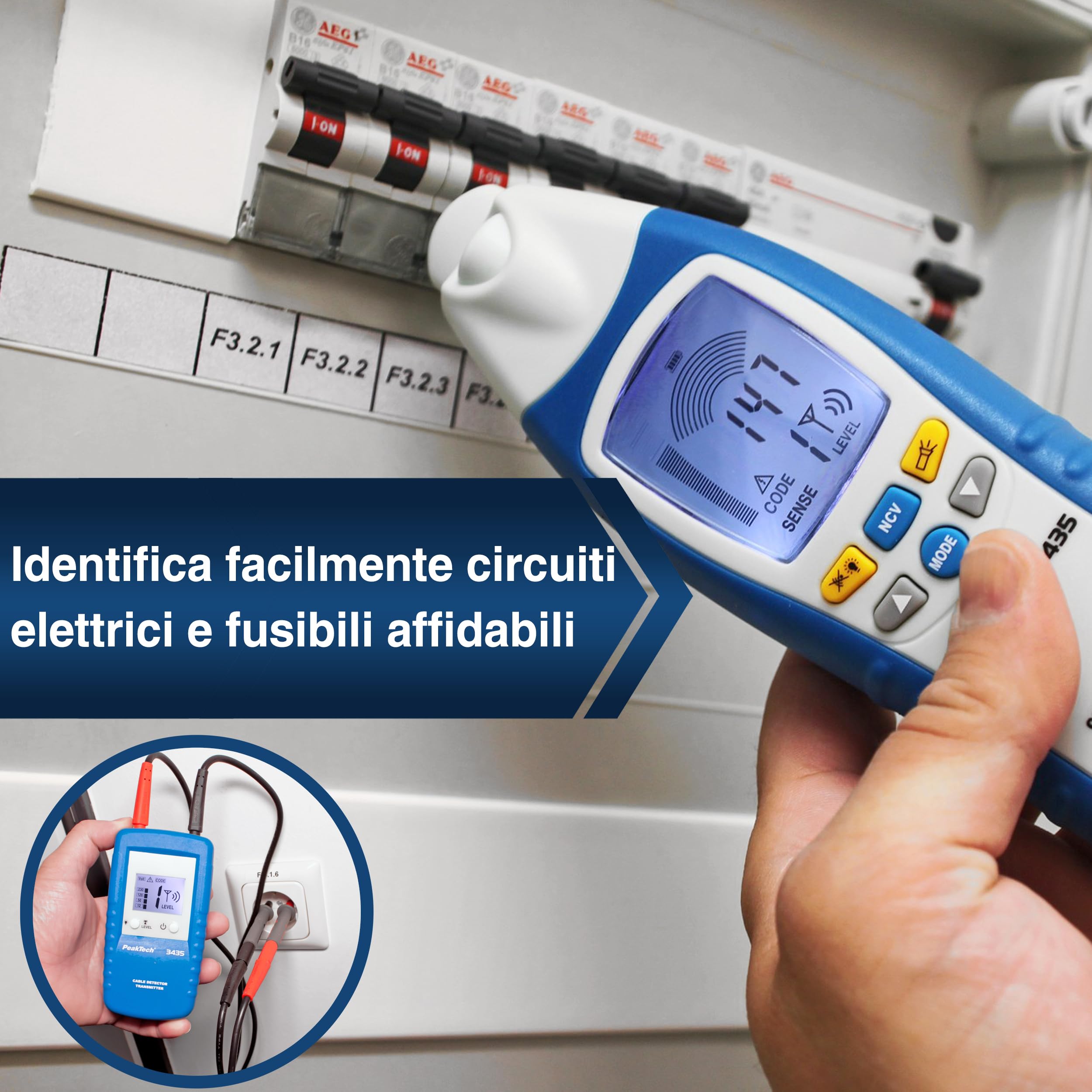 PeakTech 3435 – Rilevatore di cavi con trasmettitore e ricevitore, Voltmetro, Rileva cortocircuiti, fusibili, tubi, inclusi pareti, soffitti e pavimenti - Fino a 2 m di distanza